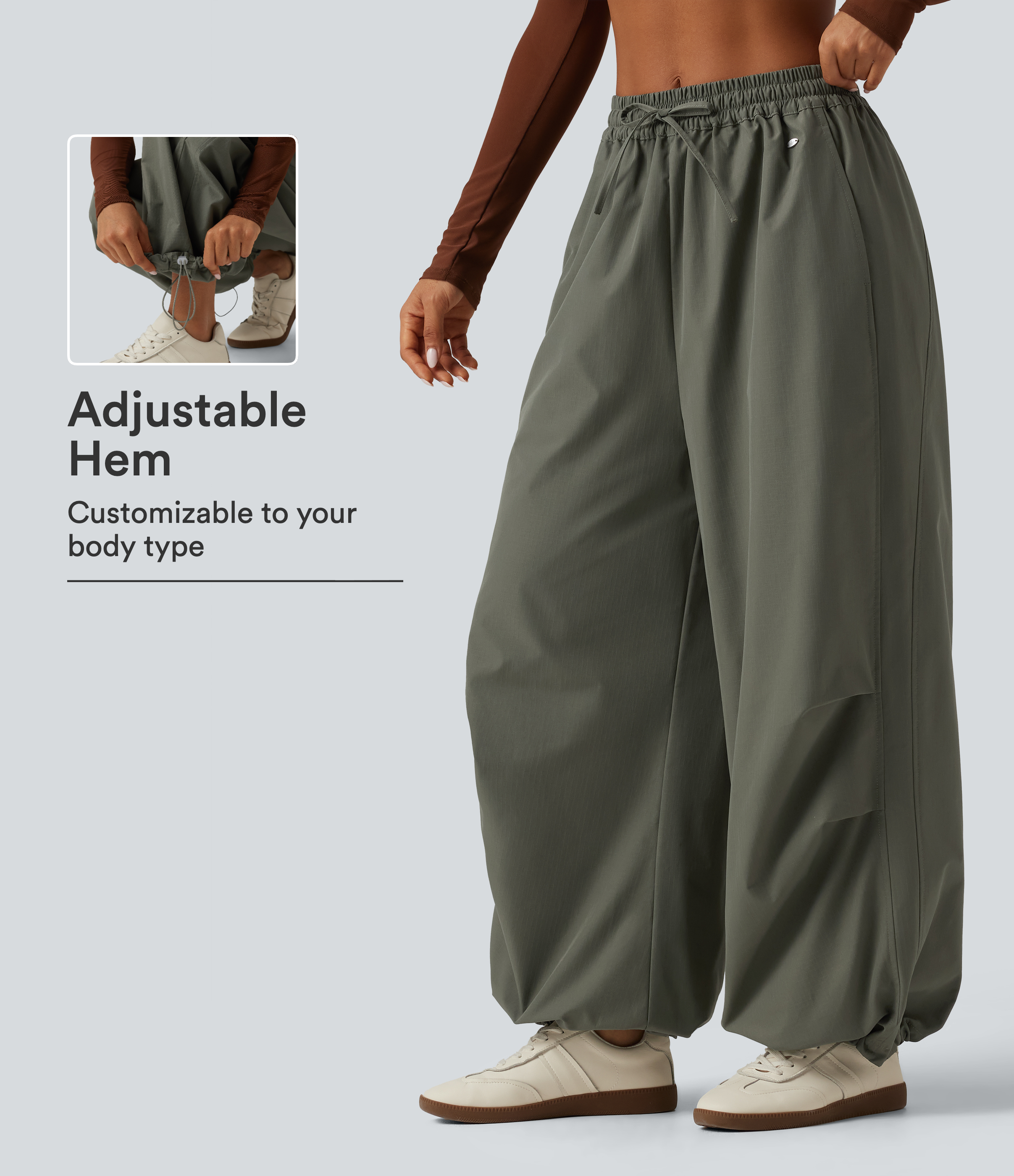 Mid Rise Drawstring Baggy Adjustable Drawcord Hiking Cargo Pant with Pockets