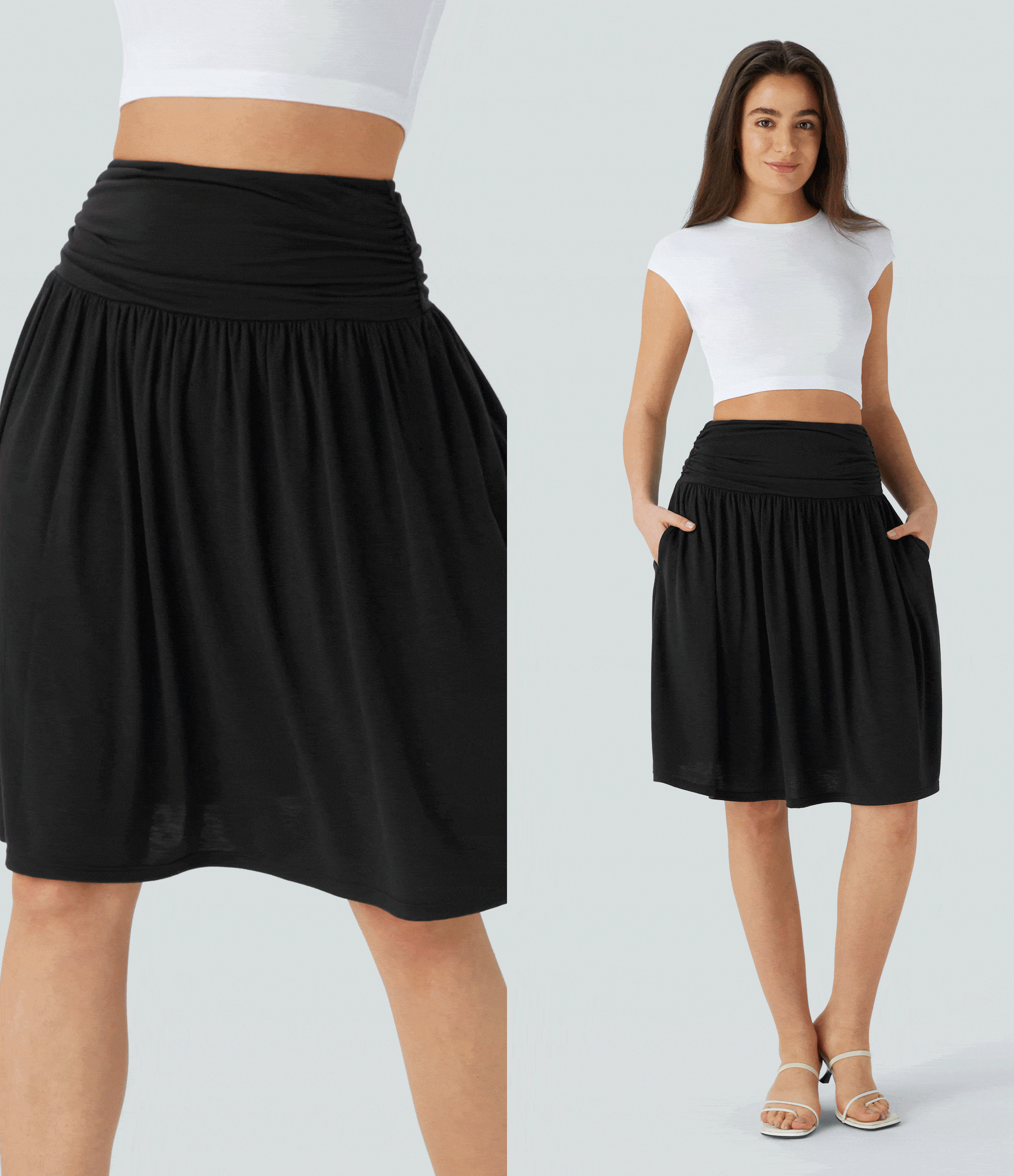 Noir Jupe de Vacances Fluide Taille Haute Fronce Poches Latérales / 2