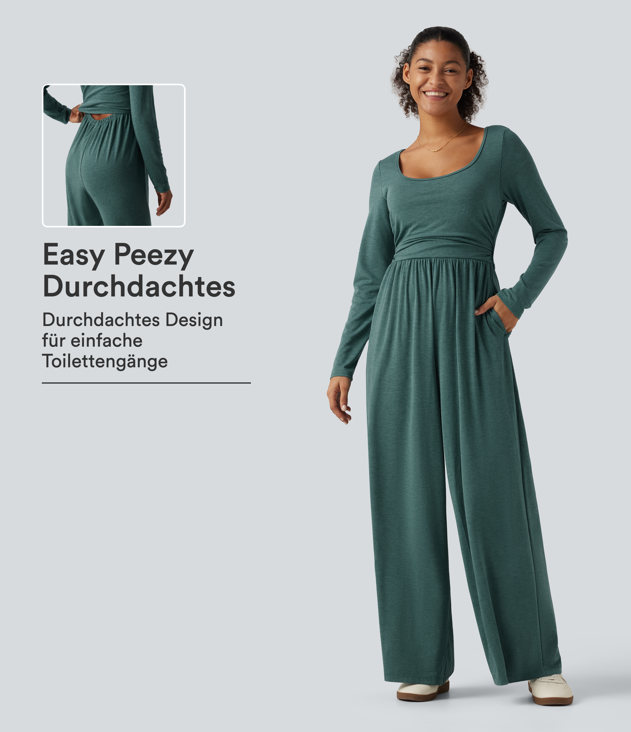 Lässiger, geraffter Jumpsuit mit Rundhalsausschnitt, Seitentaschen, langen Ärmeln, integriertem BH und weitem Bein - Easy Peezy Edition