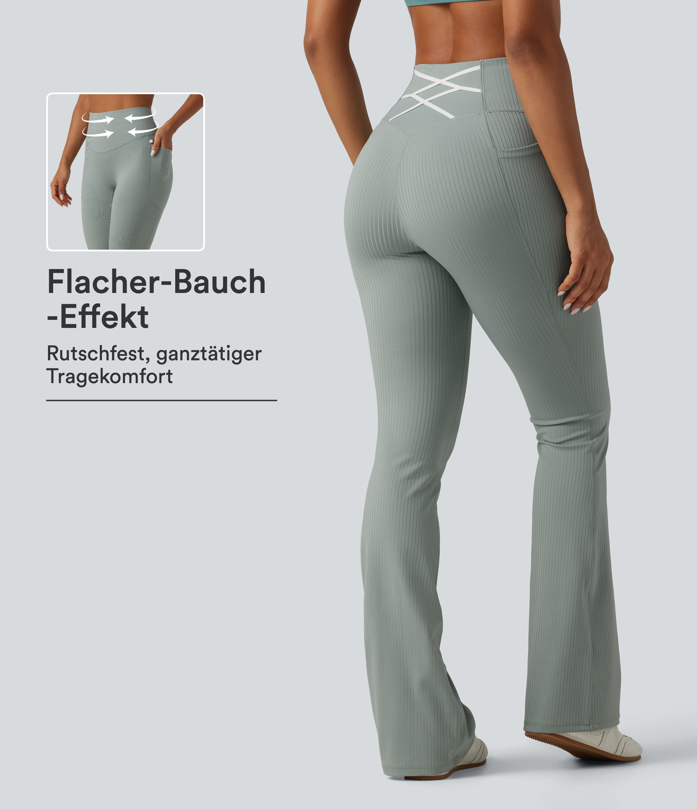 Bootcut-Workout-Leggings aus geripptem Strick mit hohem Bund, Seitentaschen und Bauchkontrolle