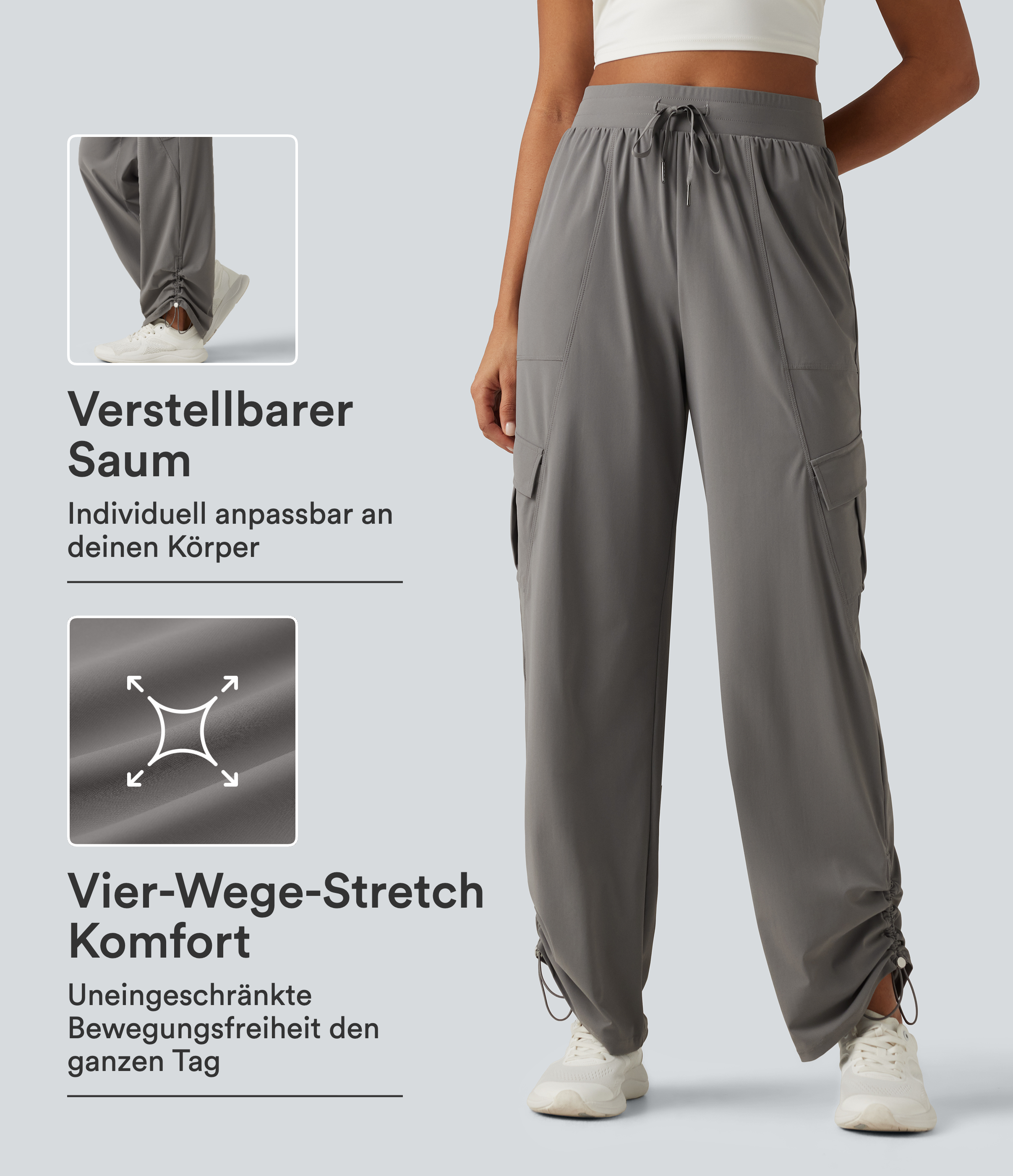 Geraffte Laufhose mit hohem Bund, mehreren Taschen, Kordelzug, InstantCool und geradem Bein - schnelltrocknend, UPF40+