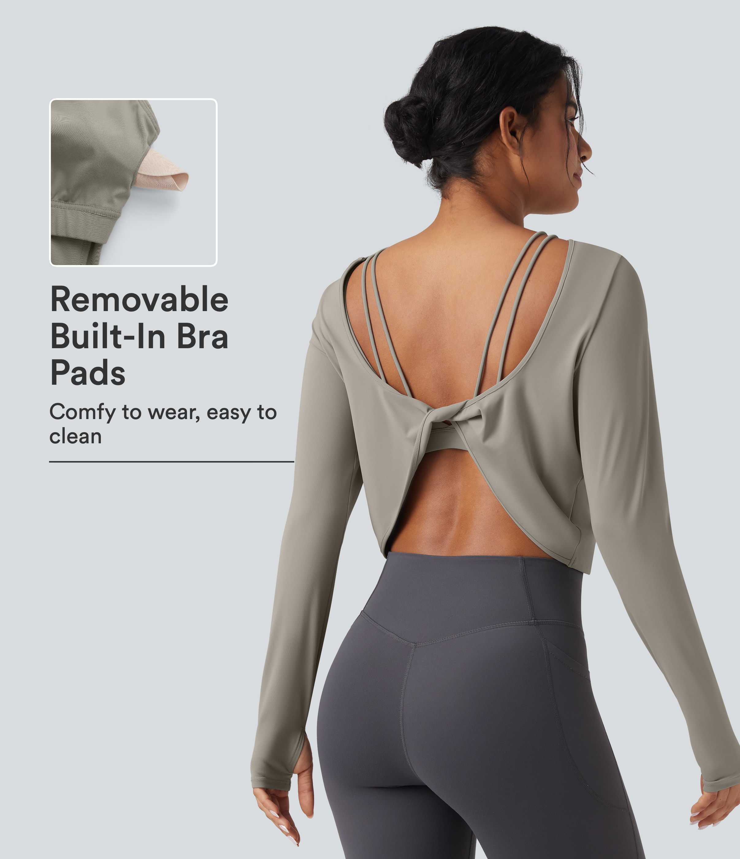 SoftlyZero™ top deportivo 2 en 1 para yoga de secado rápido — sin espalda, con detalle twist en la espalda, mangas largas con orificios para el pulgar