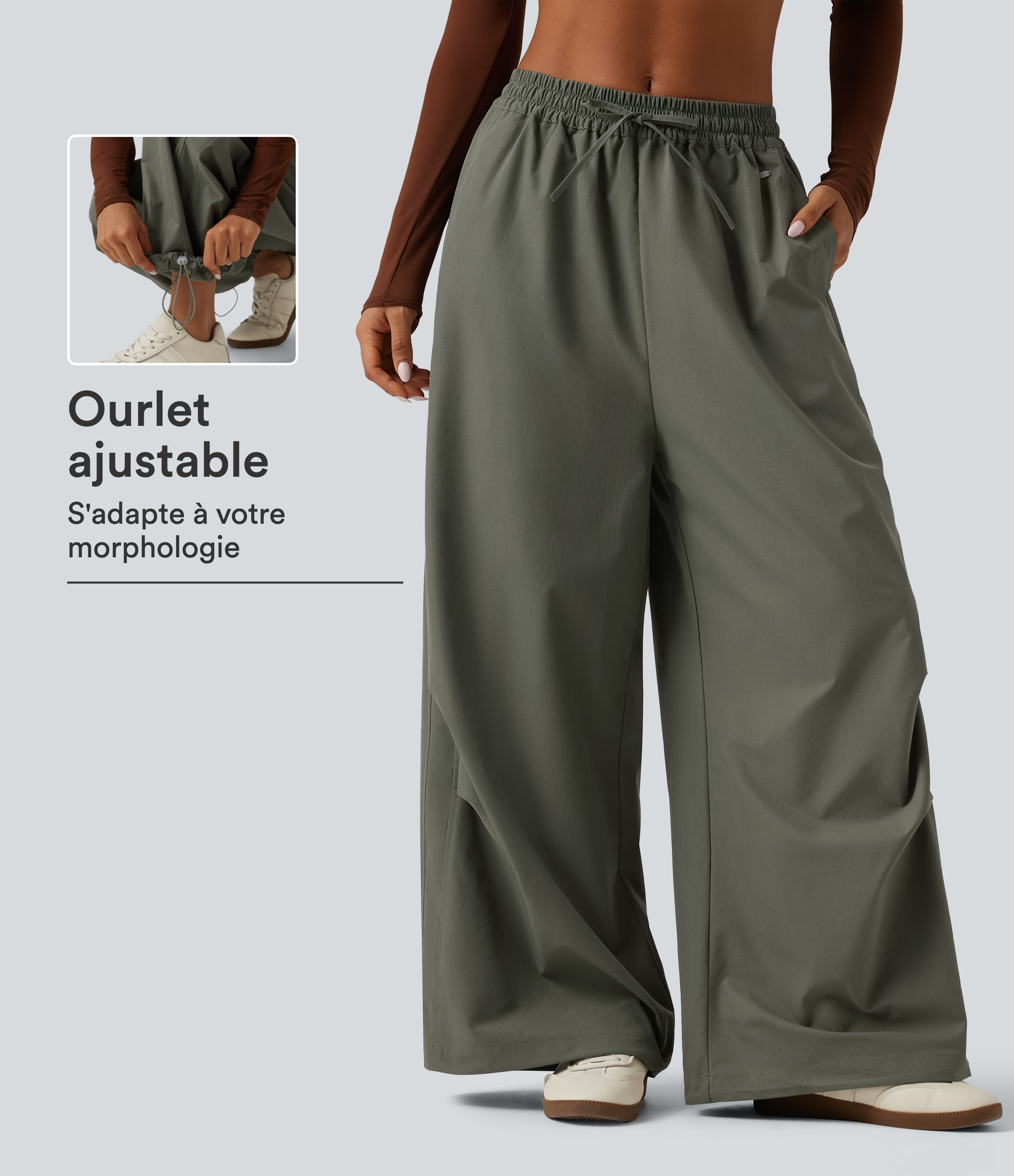 Pantalon cargo de randonnée baggy à taille mi-haute avec cordons ajustables et poches