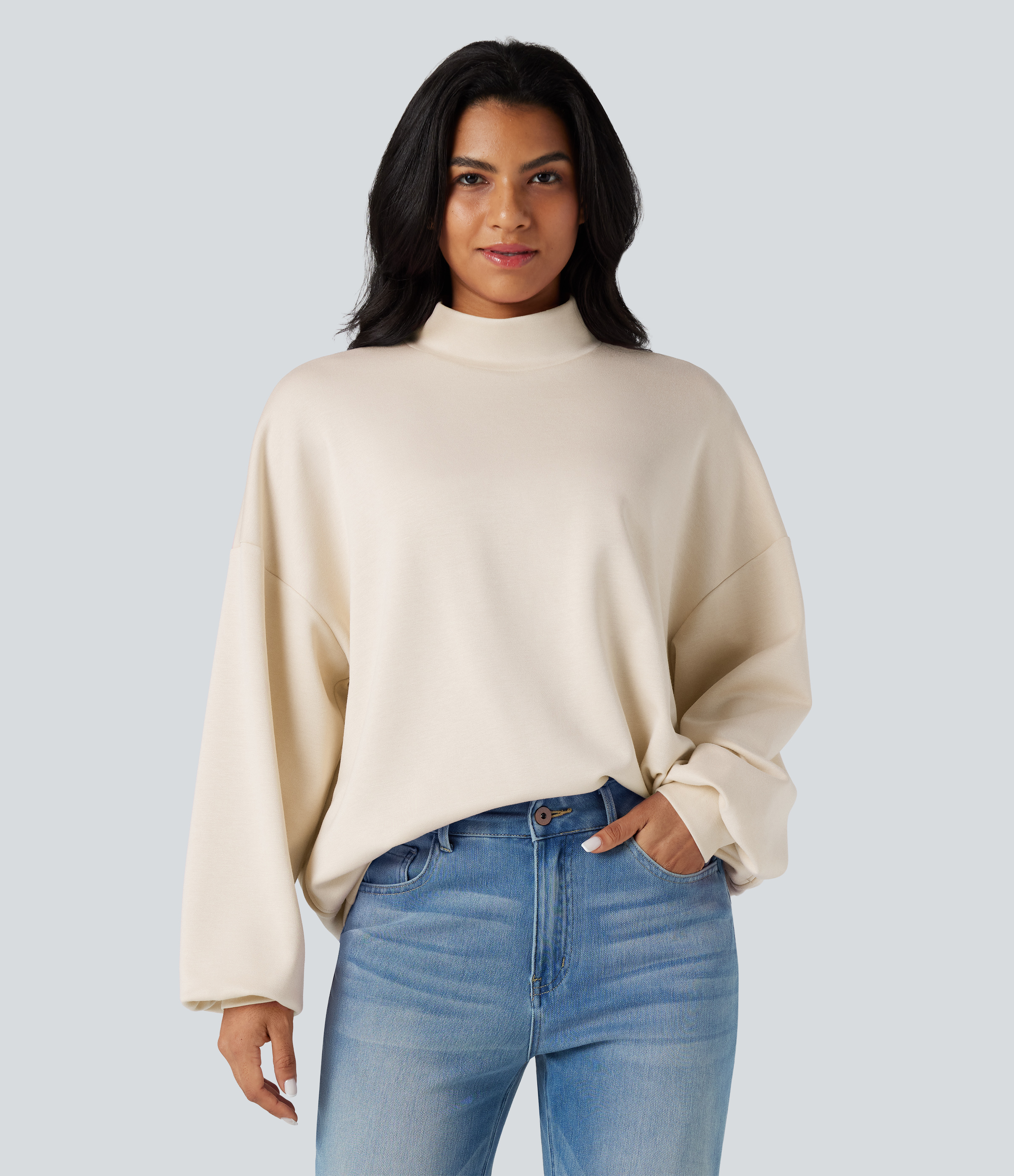 Mock-neck Relaxed Casual Sweatshirt with Pockets