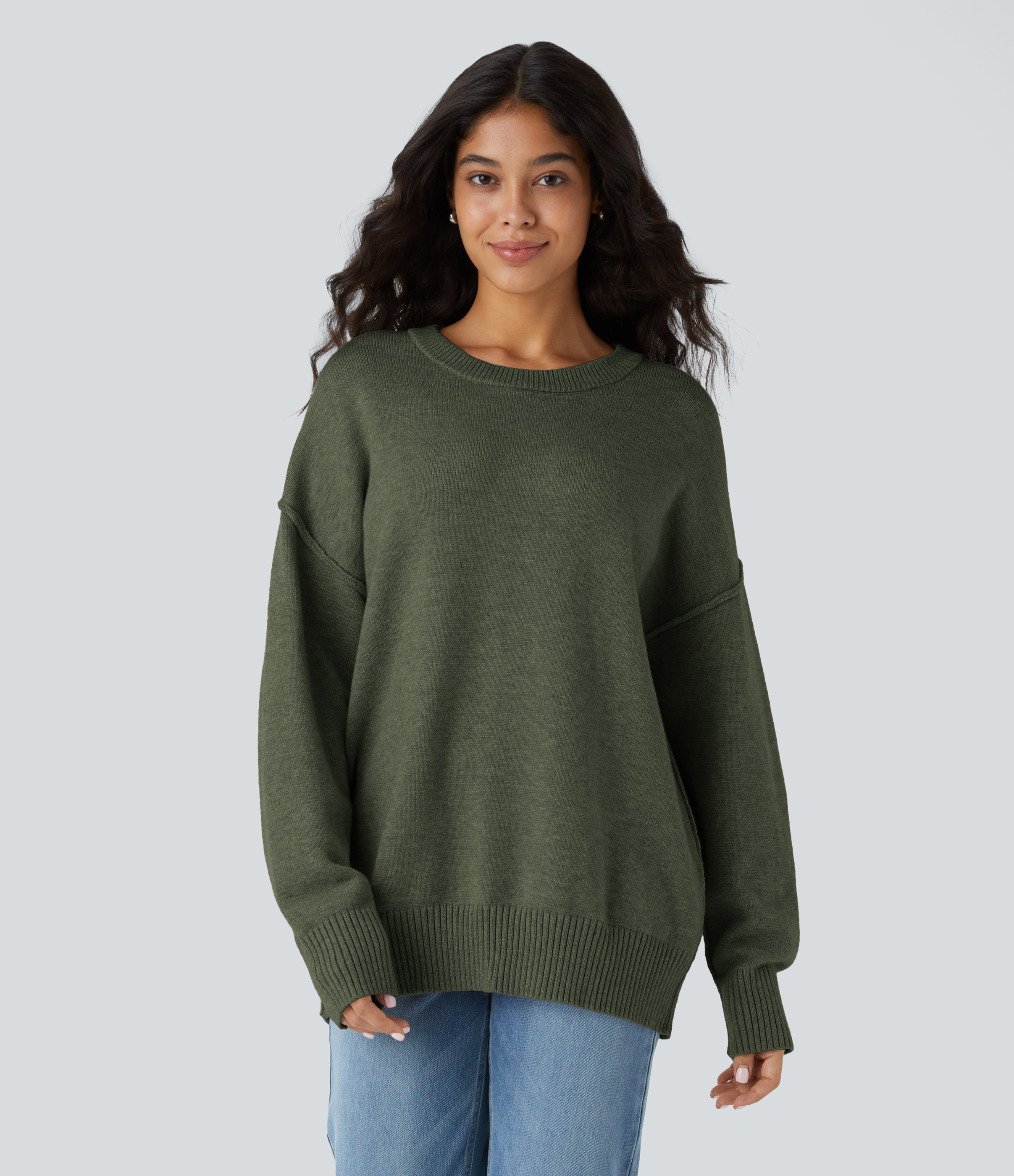 Round Neck Dropped Shoulder Long Sleeve Casual Sweater