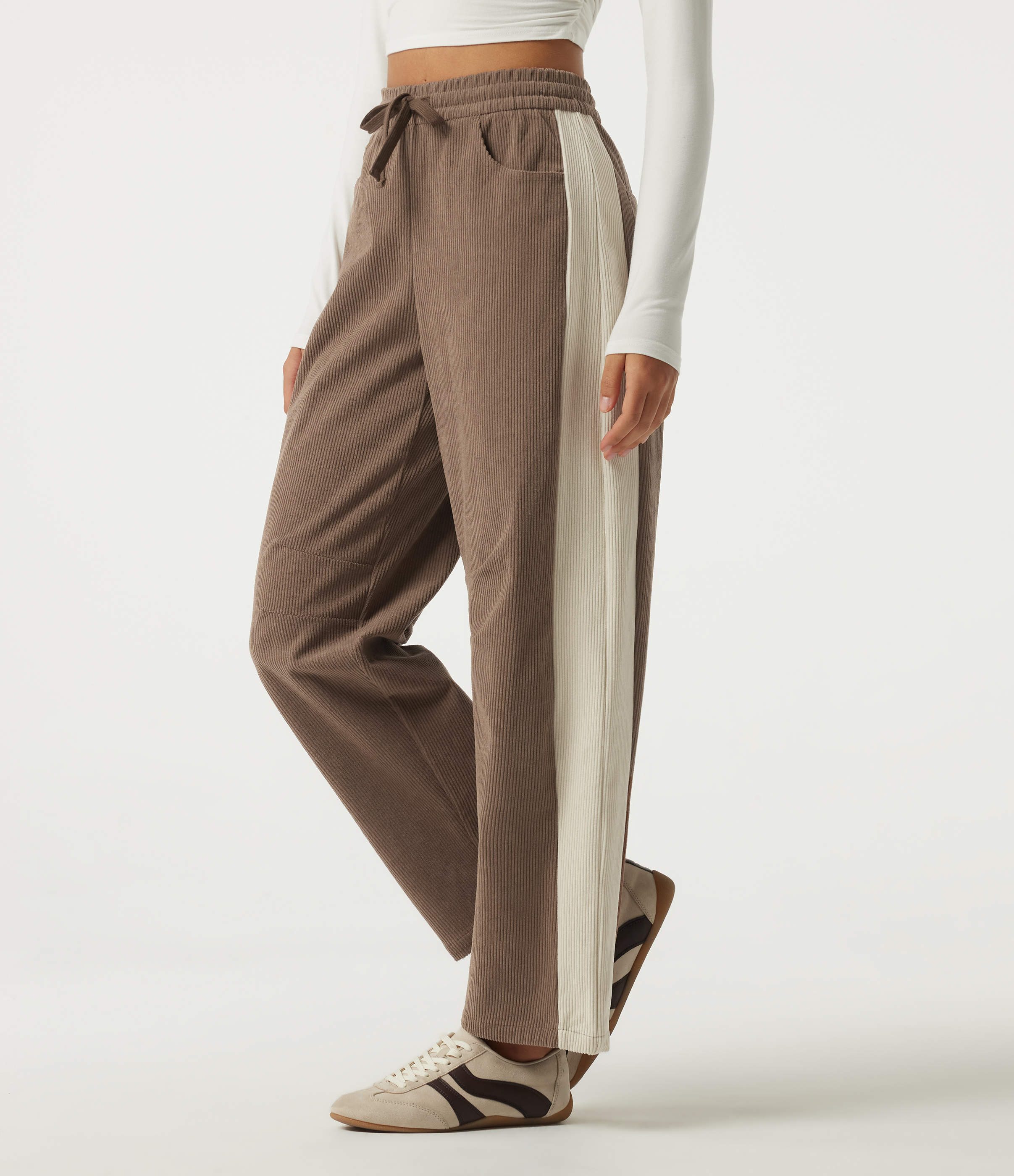 High Waisted Drawstring Color Block Barrel Leg Corduroy Casual Pants with Pockets