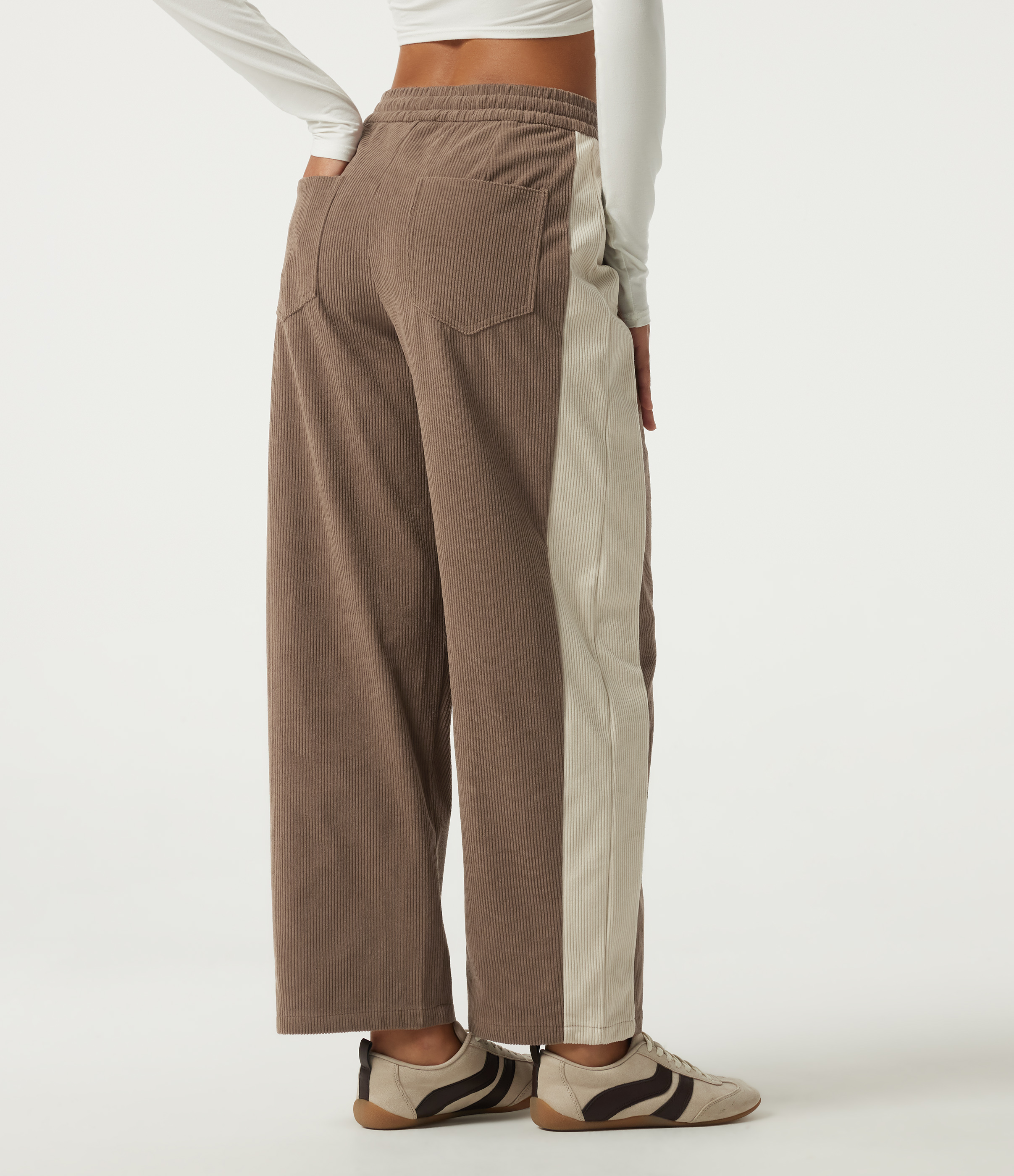 Burnt Caramel High Waisted Drawstring Color Block Barrel Leg Corduroy Casual Pants with Pockets / 2