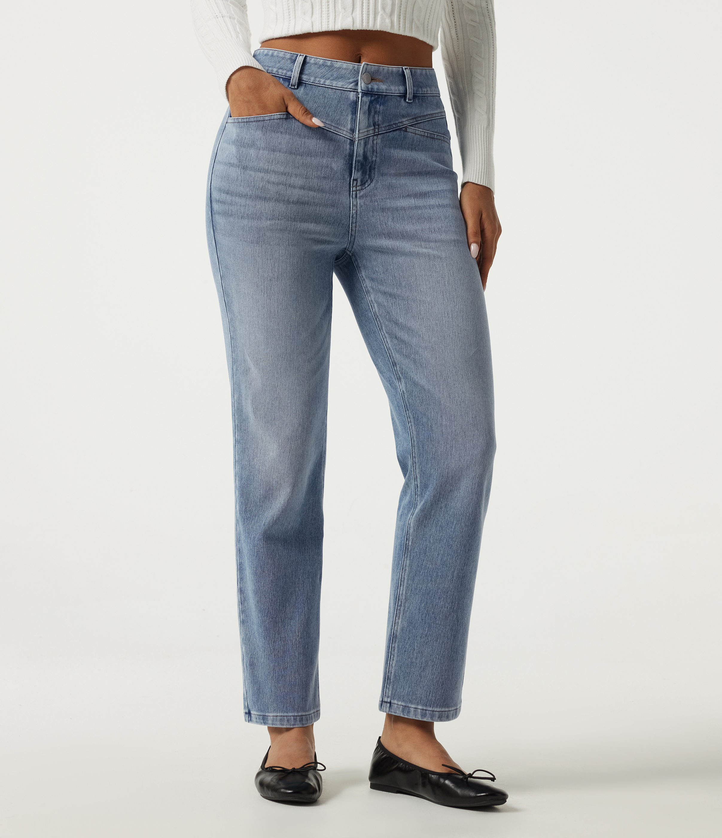 Powder Blue Denim Halara Flex™ Mid Rise Straight Leg Casual Cotton Jeans with Pockets / 1