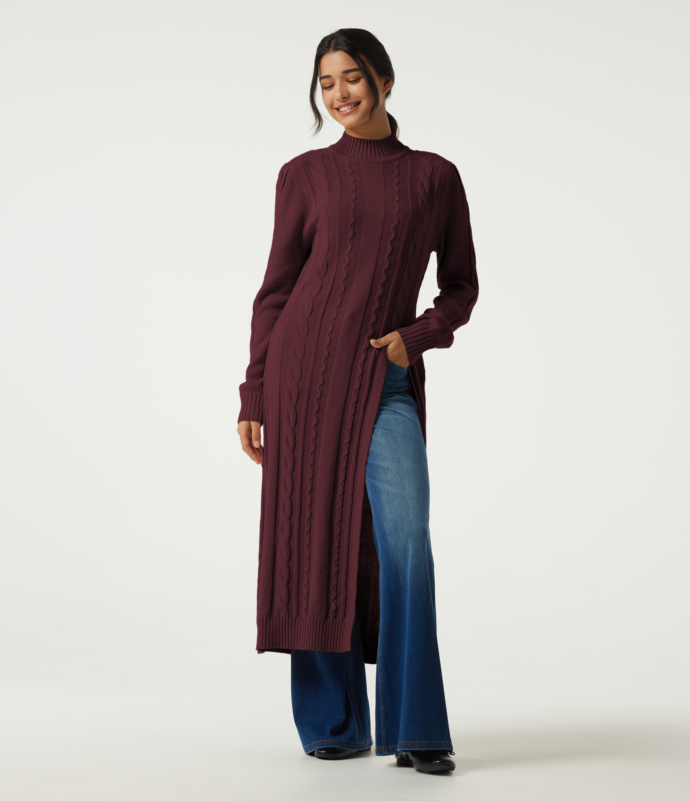 Mock Neck Long Sleeve Cable Stitch Casual Midi Sweater Dress