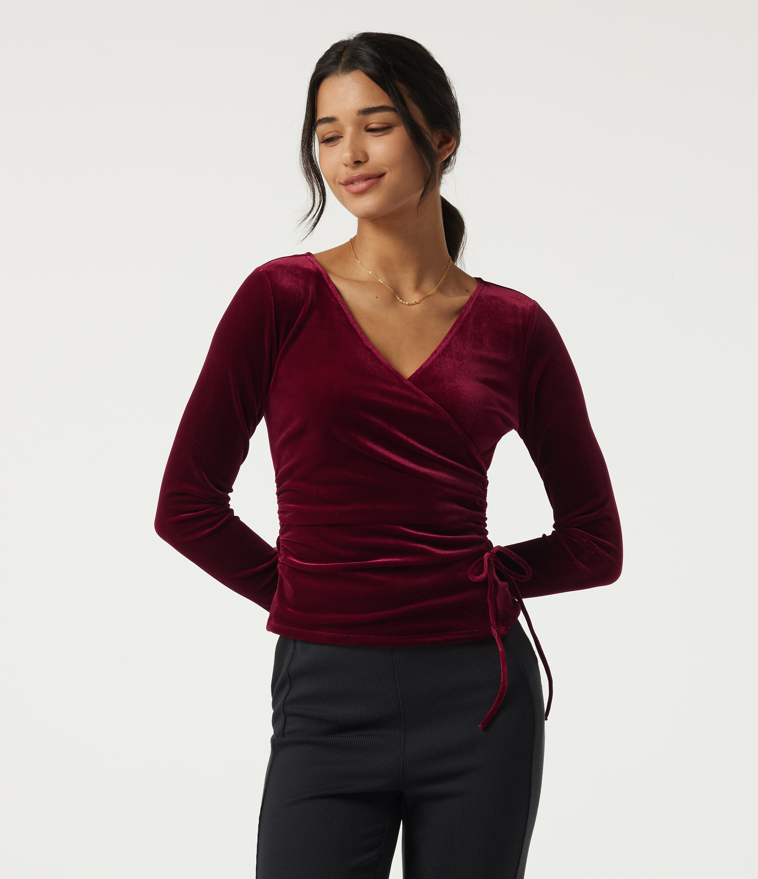 V Neck Long Sleeve Crossover Ruched Velvet Casual Top