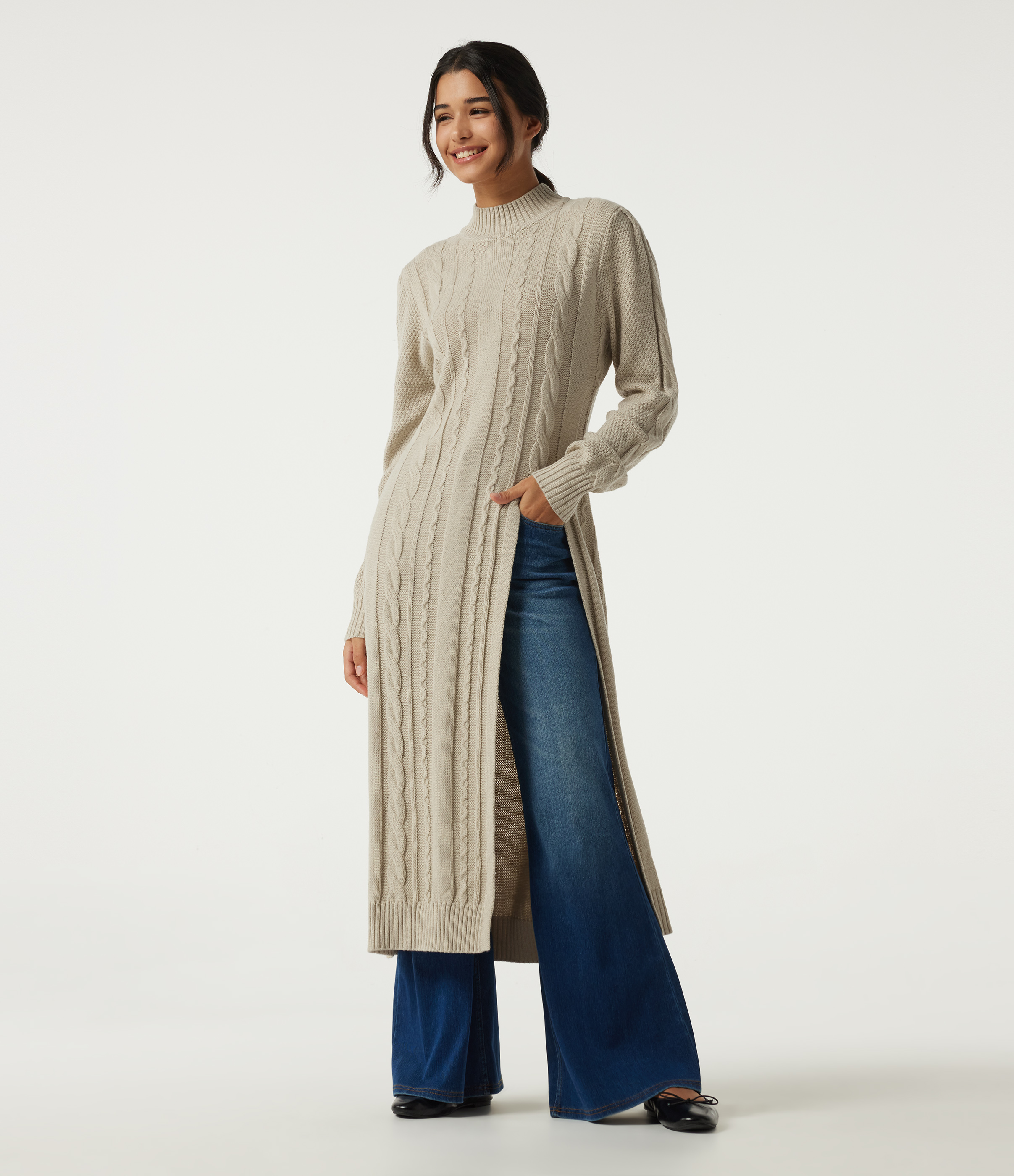 Mock Neck Long Sleeve Cable Stitch Casual Midi Sweater Dress