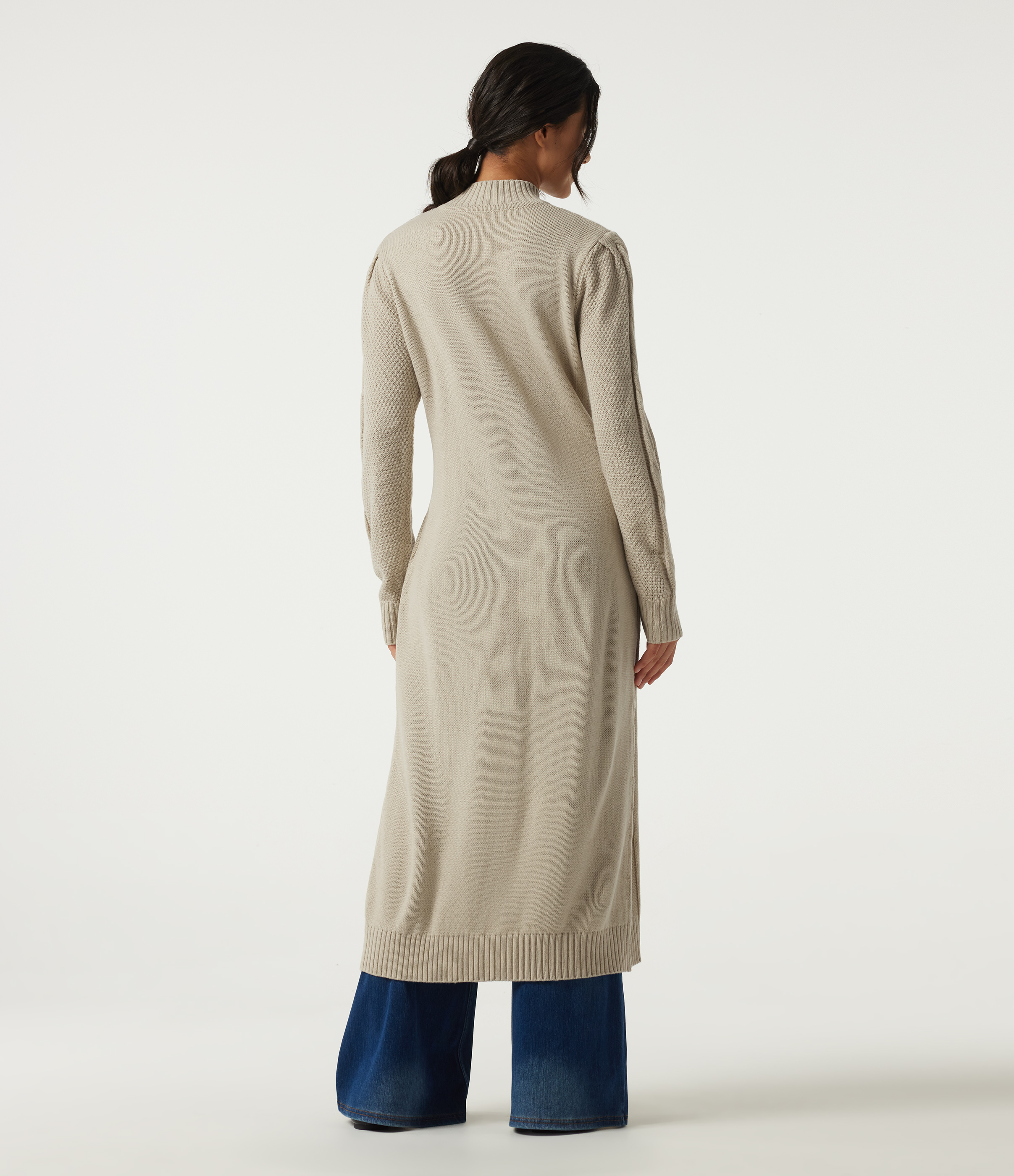 Oyster Gray Mock Neck Long Sleeve Cable Stitch Casual Midi Sweater Dress / 2