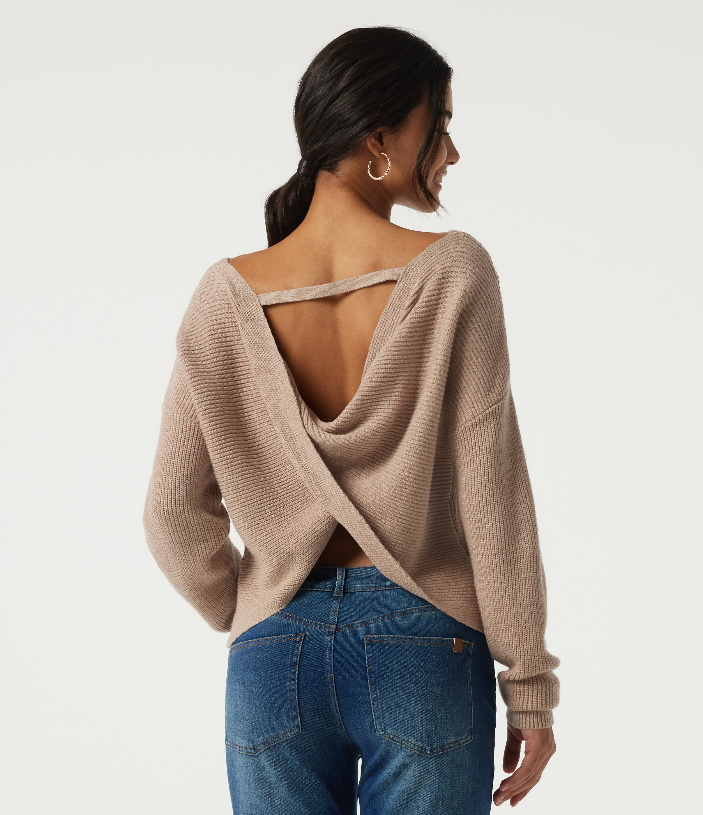 Boat Neck Long Sleeve Cut Out Back Casual Sweater