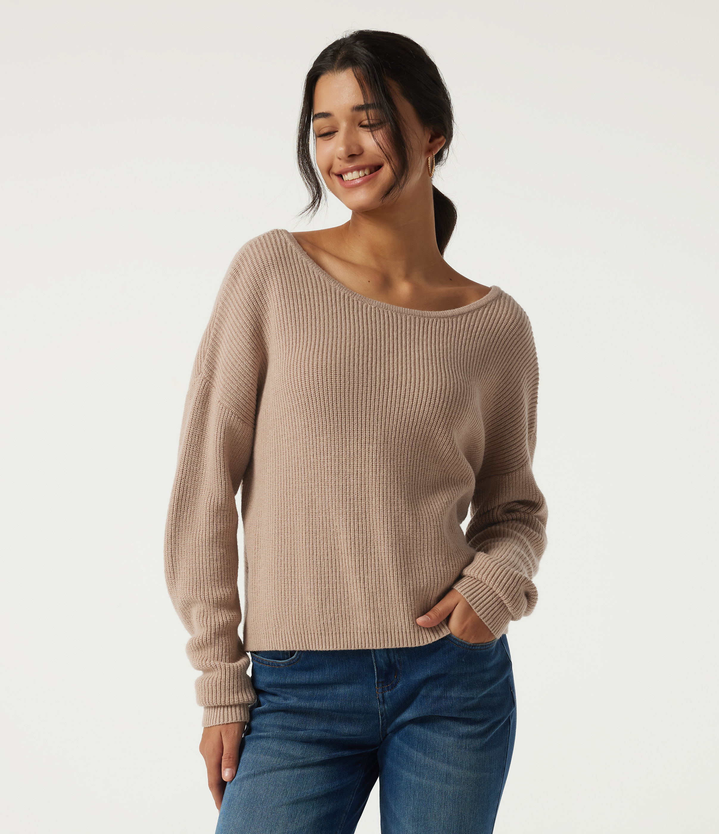 Nougat Boat Neck Long Sleeve Cut Out Back Casual Sweater / 2
