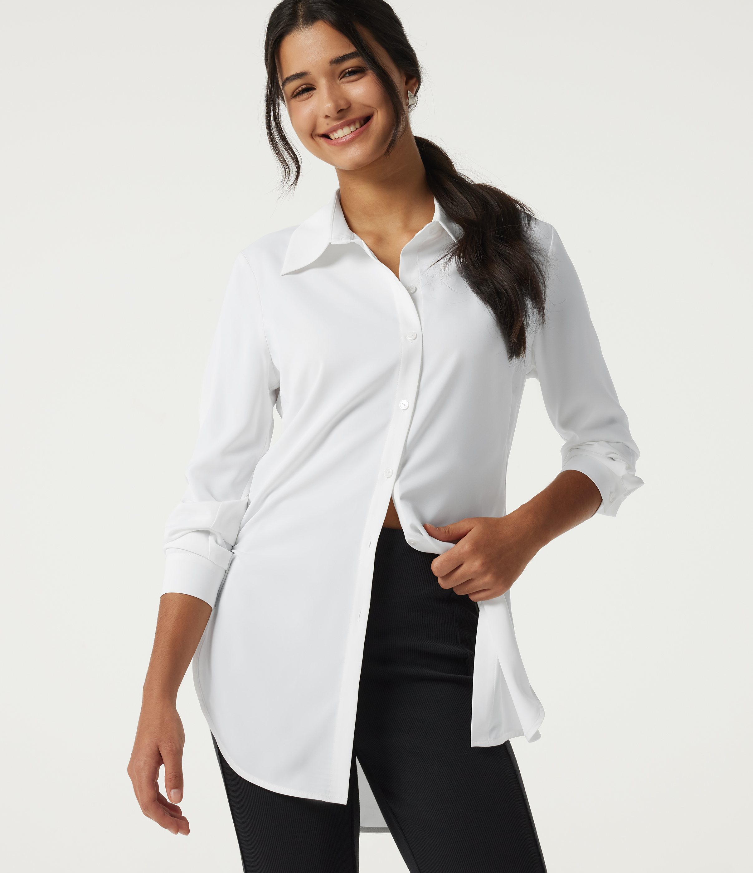 Wrinkle Recovery Long Sleeve Curved Hem Work Shirt