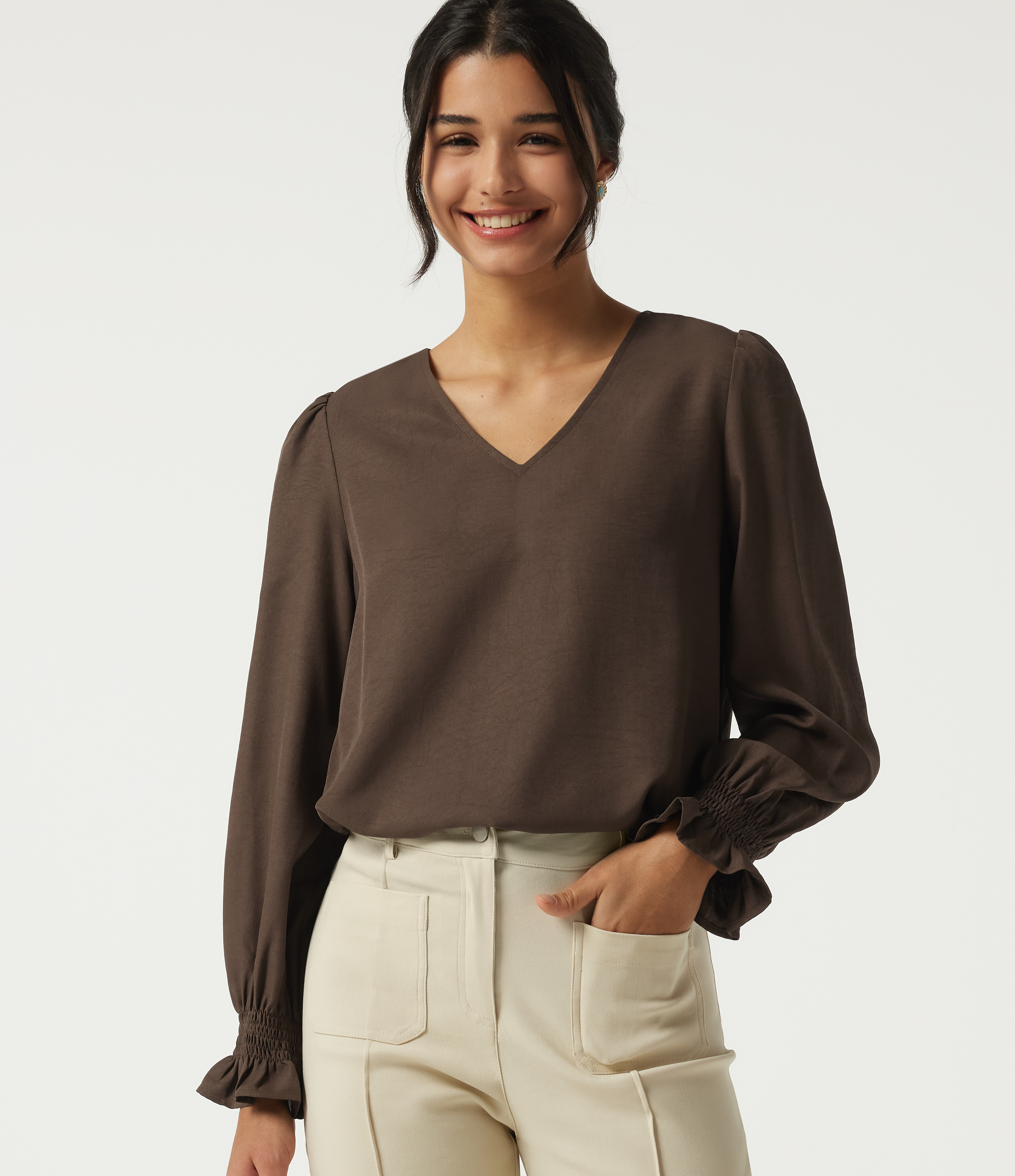V-Neck Bishop Long Sleeve Work Blouse