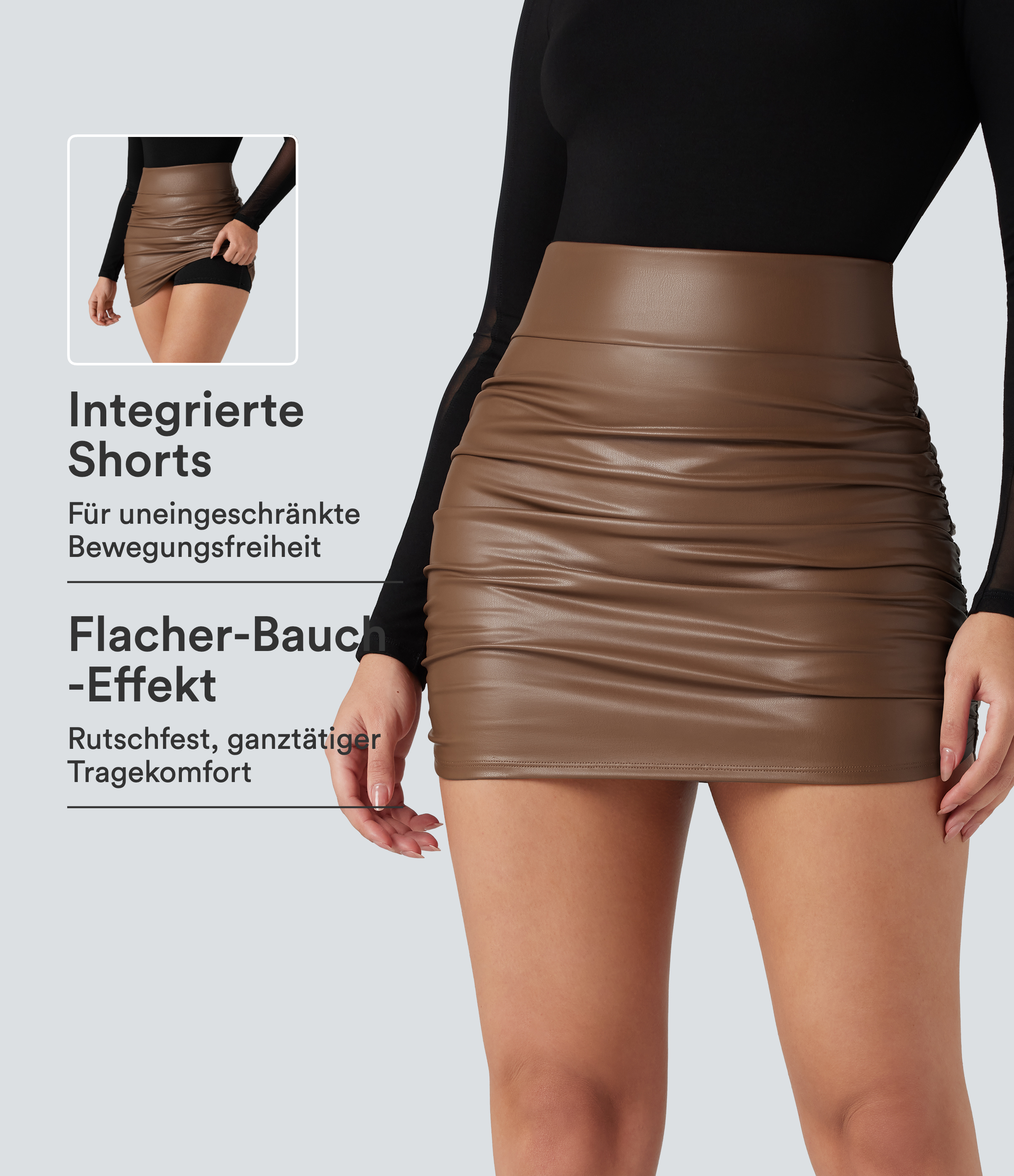 Rustic Brown Figurbetonter, geraffter 2-in-1 Fleece-Minirock aus Kunstleder mit hohem Bund, Bauchkontrolle und abgerundetem Saum / 1