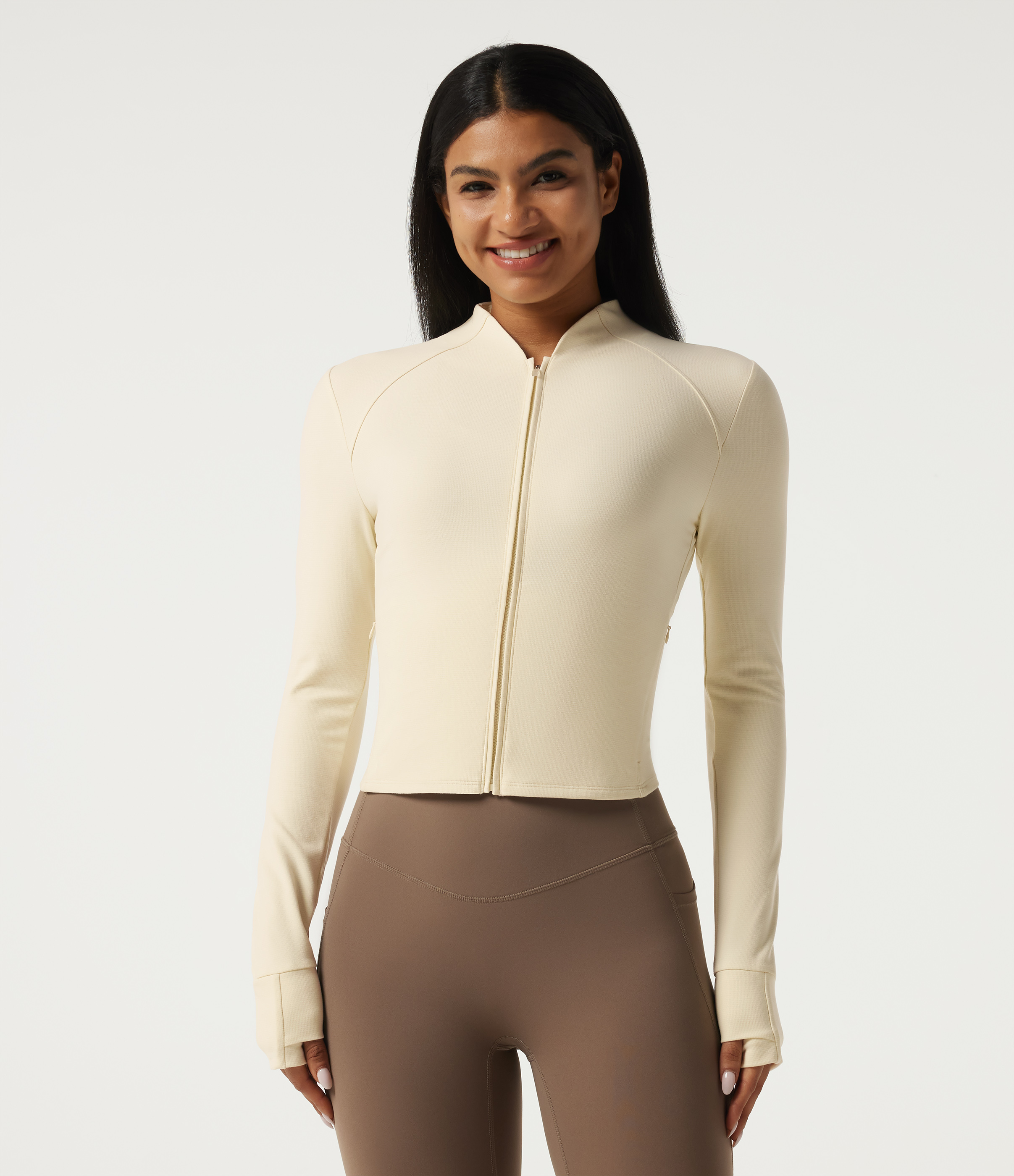 Veste de yoga zippée à col montant et manches longues avec passe-pouces et poches