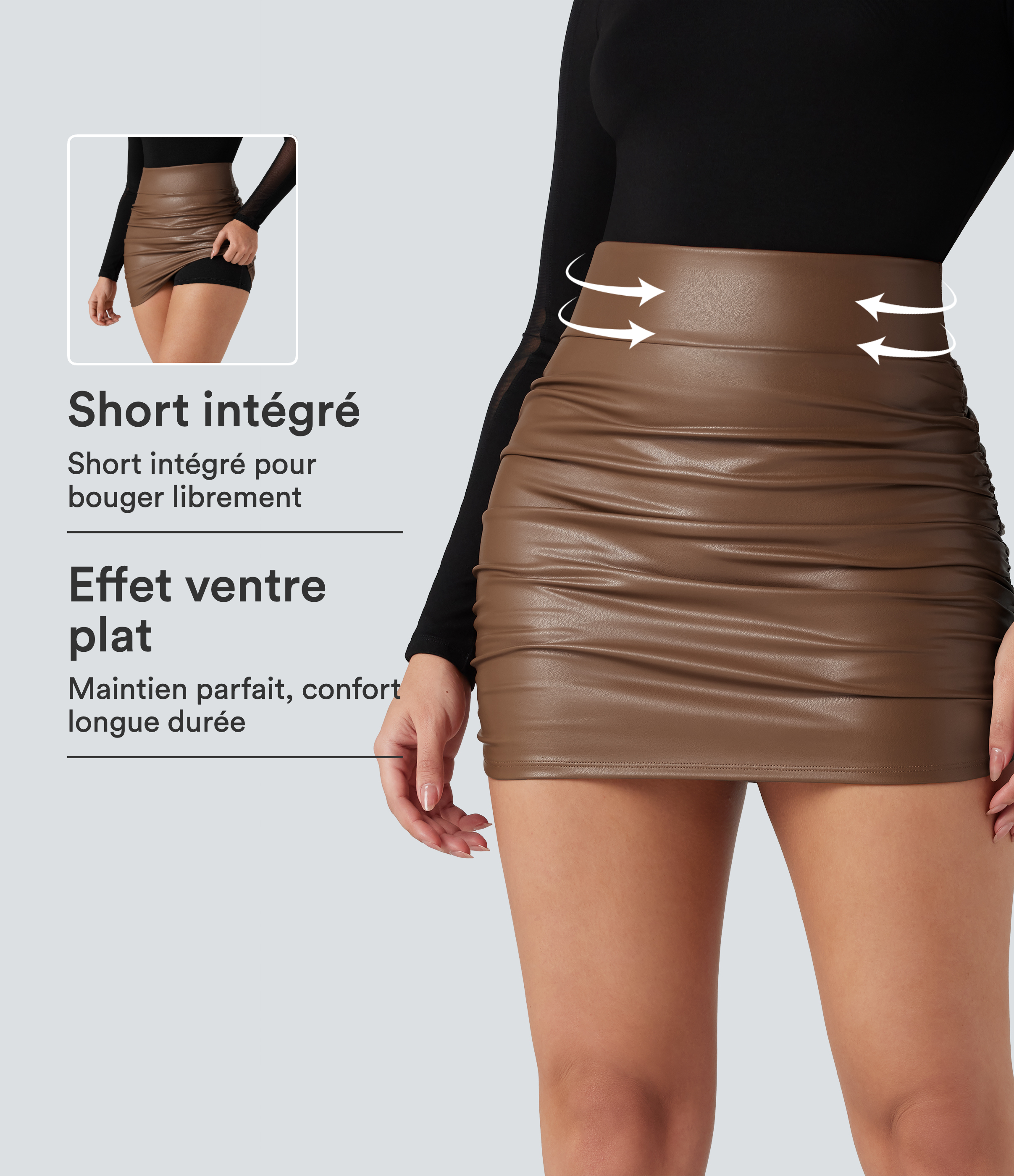 Jupe courte moulante 2-en-1 SoCinched gainante taille haute similicuir polaire froncée ourlet arrondi 