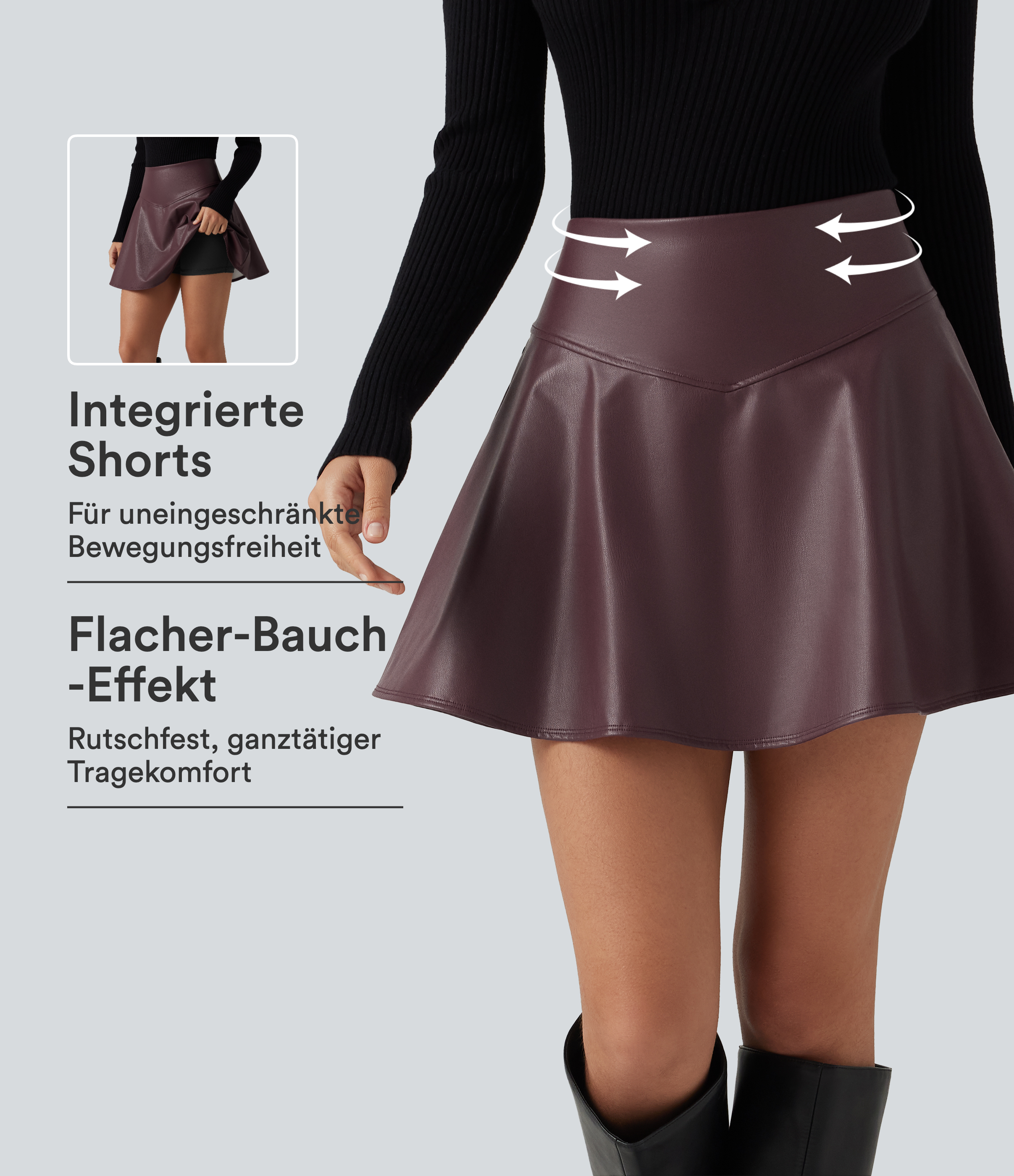 Lässiger 2-in-1 Fleece-Minirock aus Kunstleder mit hohem Bund, Seitentaschen, Bauchkontrolle und integrierten Shorts