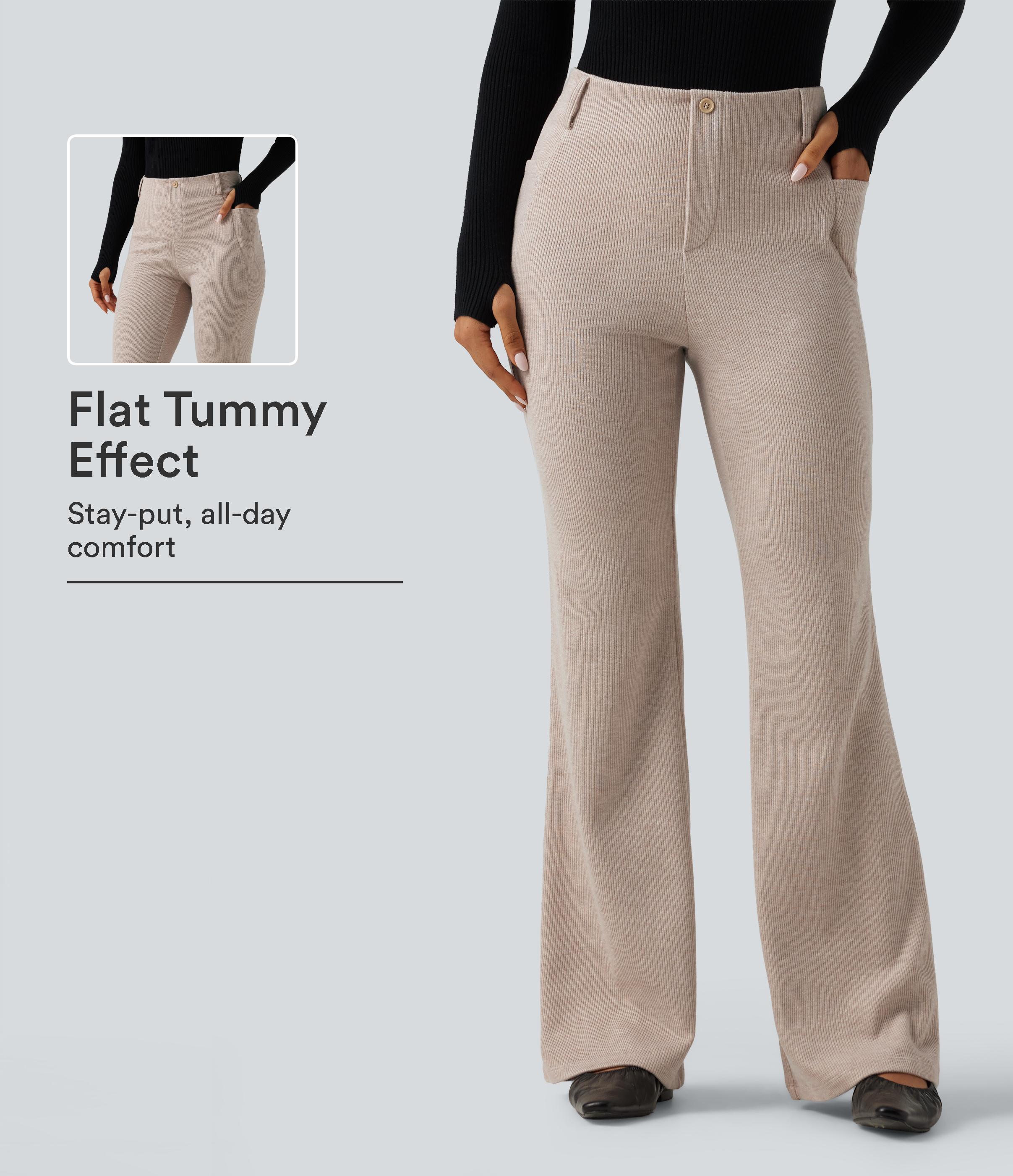 Ribbed High Waisted Tummy Control Casual Flare Pants with Pockets