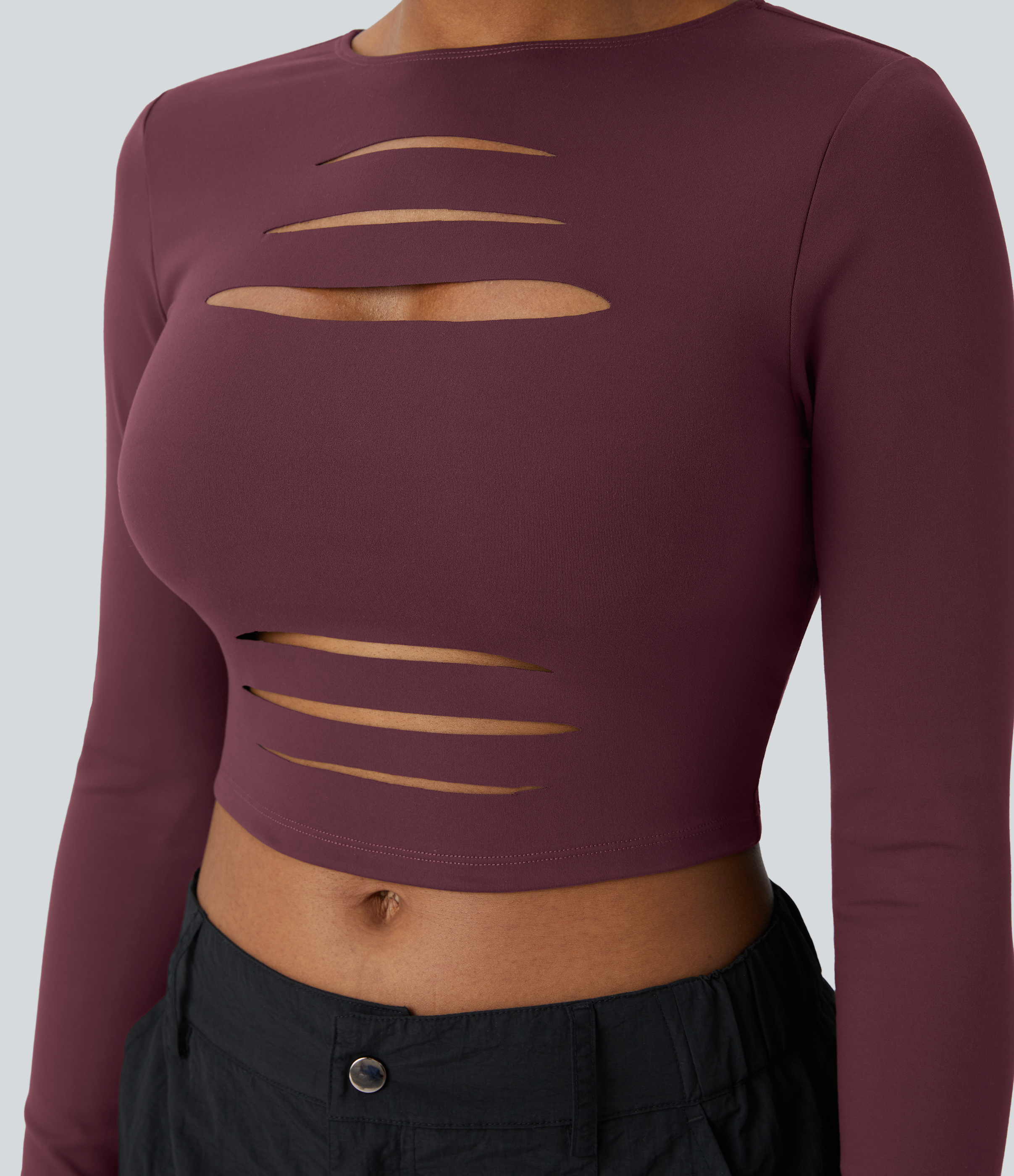 DayStretch Round Neck Long Sleeve Cut Out Ripped Skinny Cropped Casual Top
