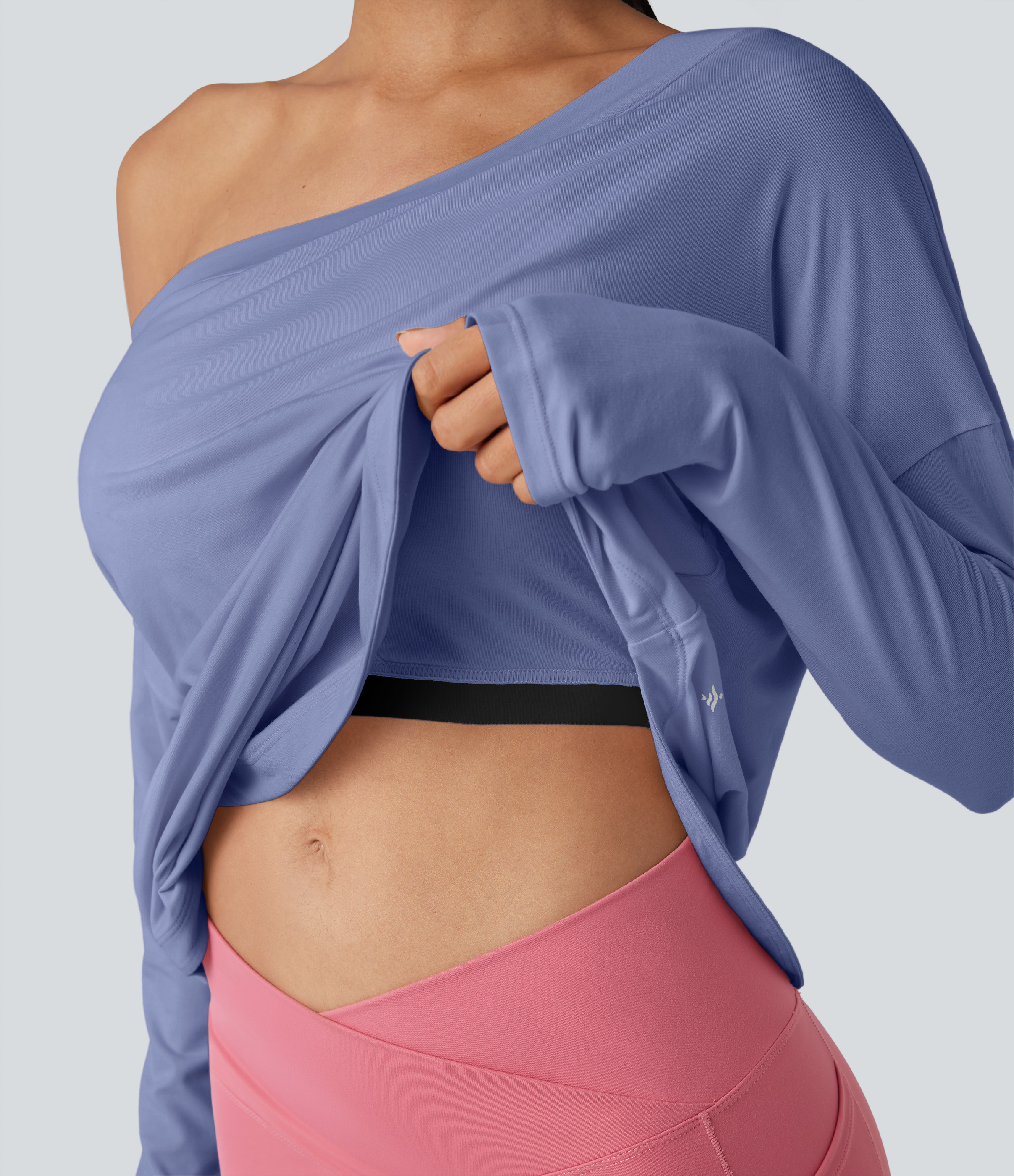 One Shoulder Long Sleeve Thumb Hole Curved Hem High Low Quick Dry Yoga Sports Top-Built-in Bra