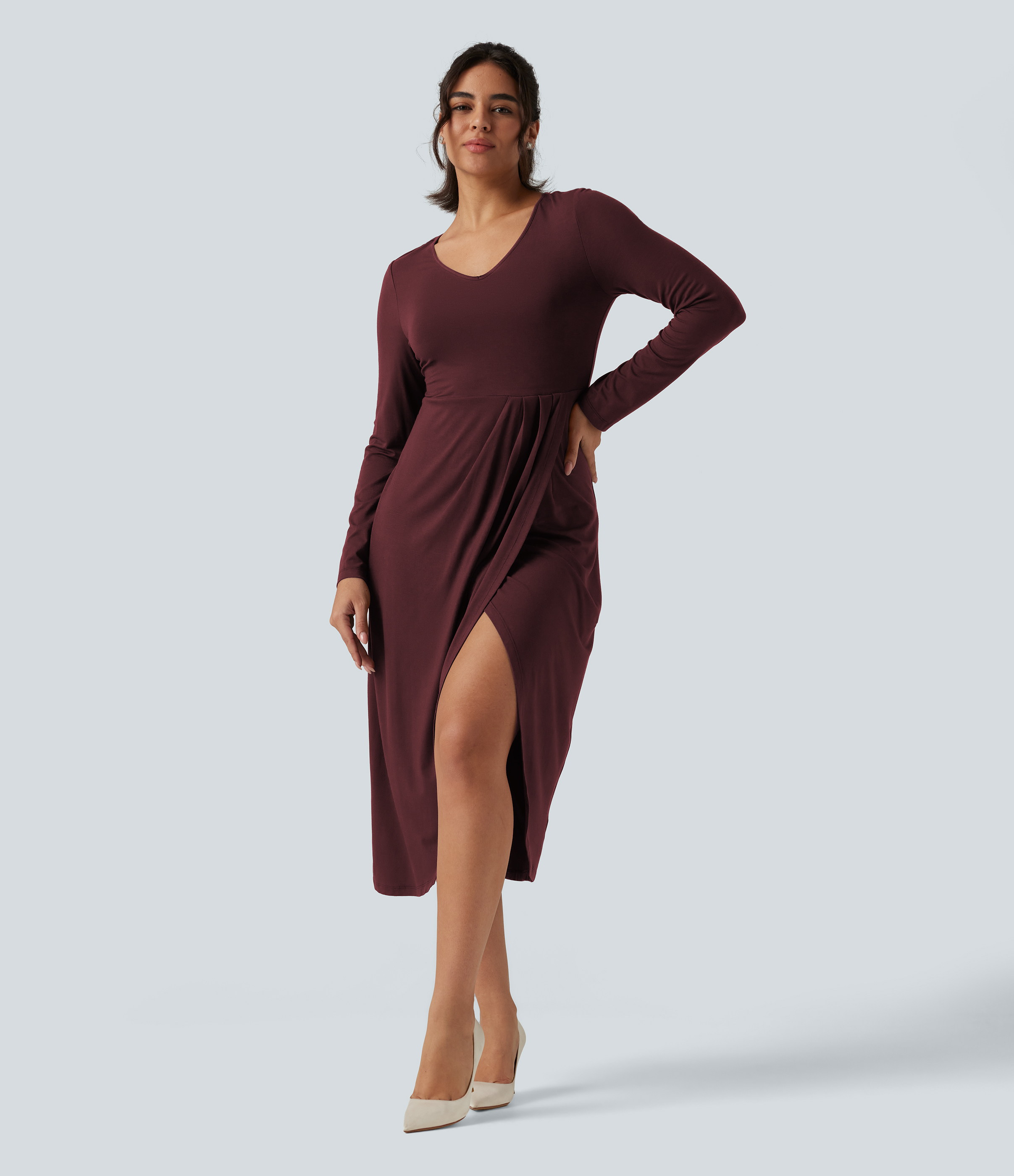 V Neck Long Sleeve Asymmetric Work Midi Dress
