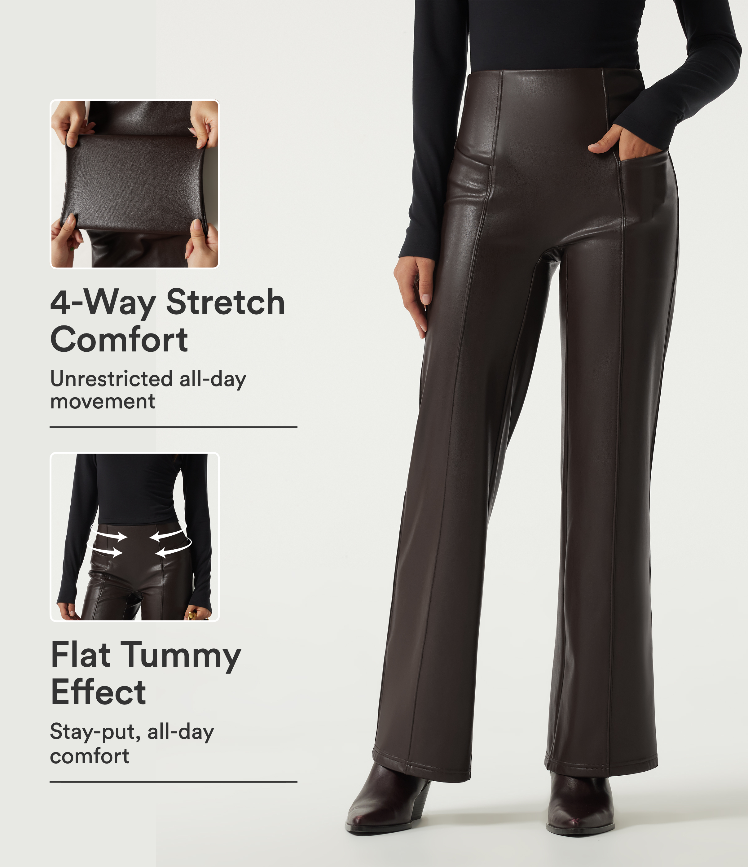 High Waisted Stretchy PU Fleece Tummy Control Casual Flare Pants with Pockets