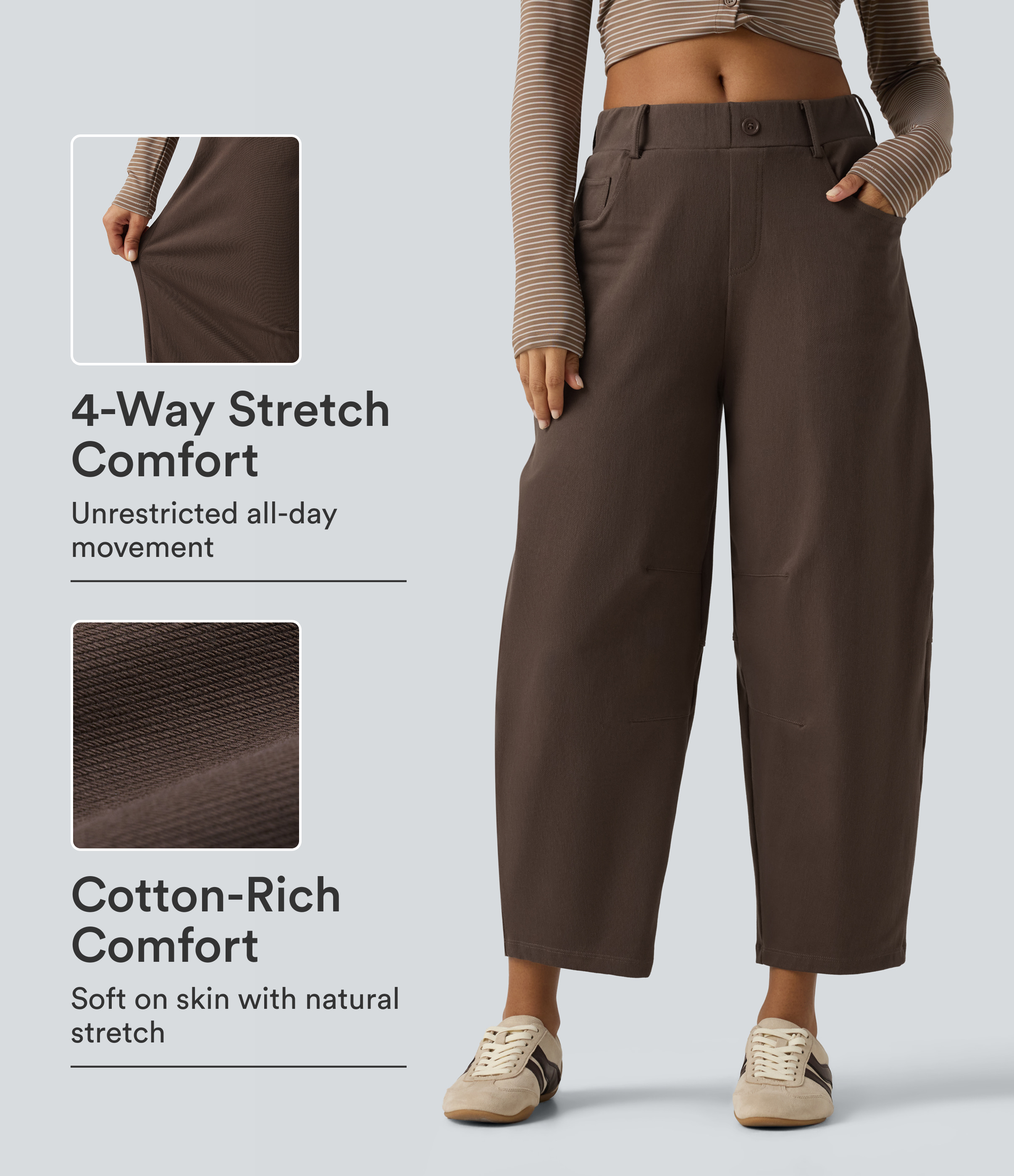 Mid Rise Barrel Leg Casual Cotton Pants with Pockets