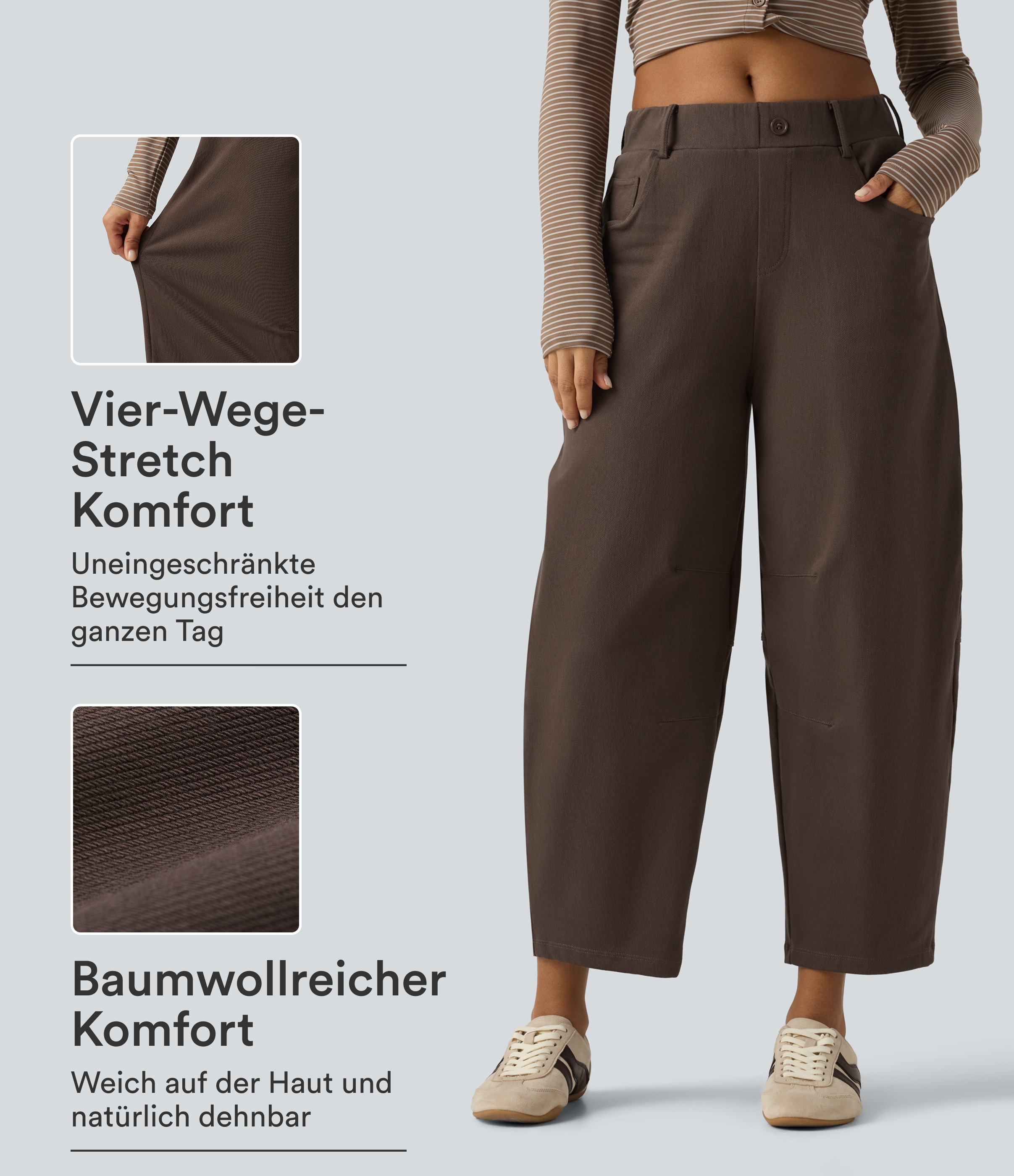 Lässige Hose aus Baumwolle mit mittelhohem Bund, mehreren Taschen und geschwungenem Bein