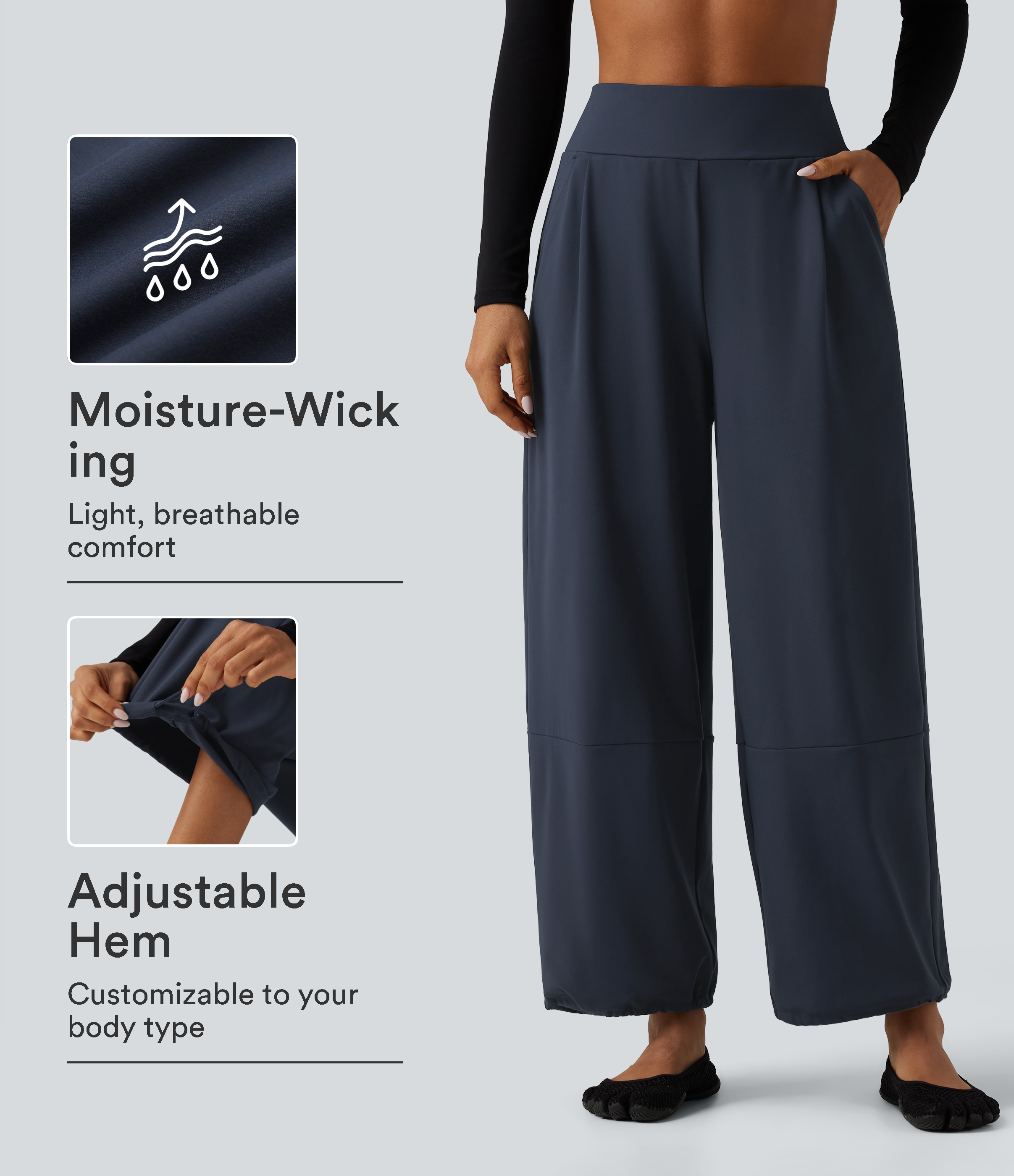 High Waisted Adjustable Drawcord Wide Leg Yoga Pants with Pockets