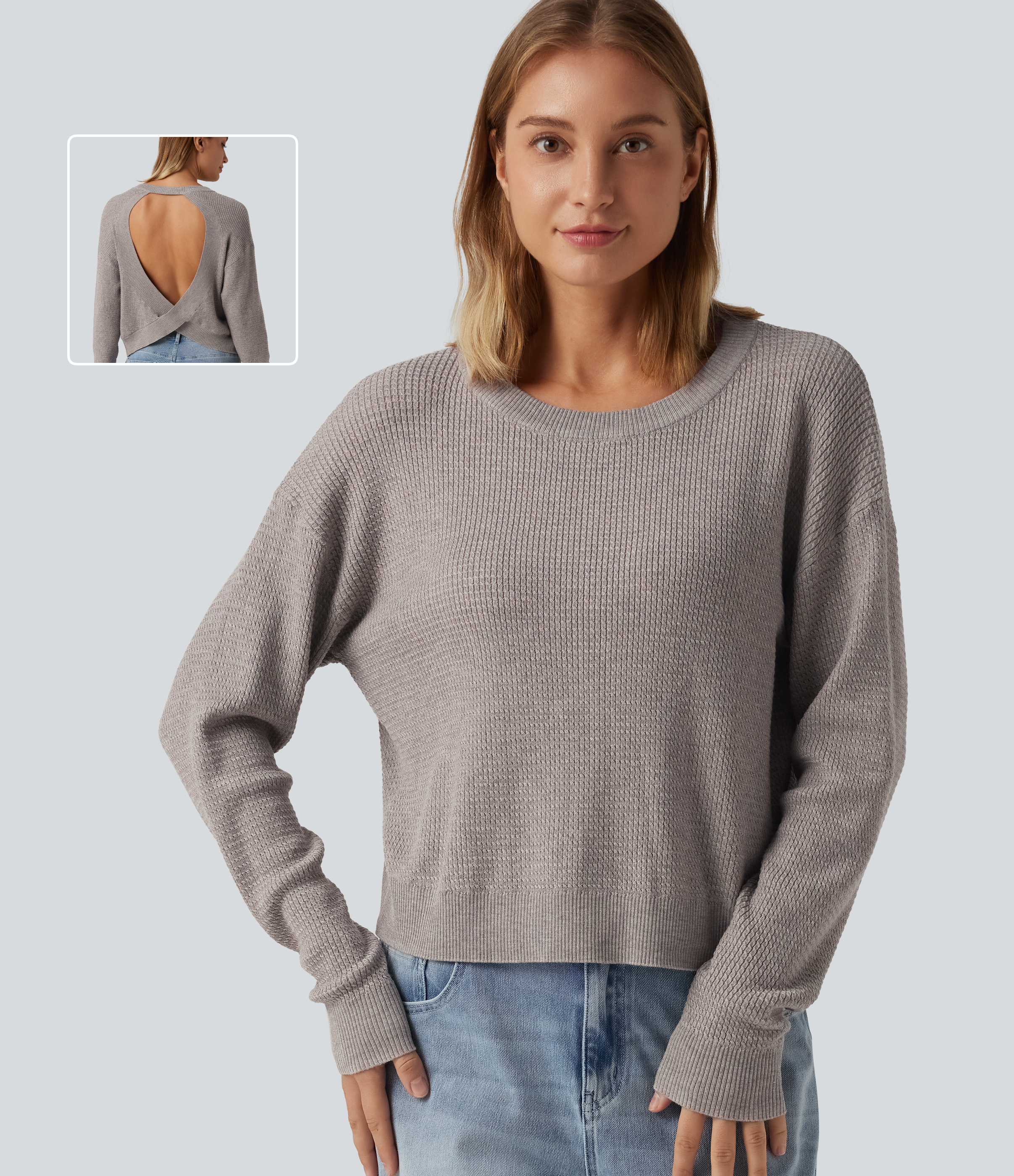 Round Neck Long Sleeve Cut-Out Back Casual Sweater