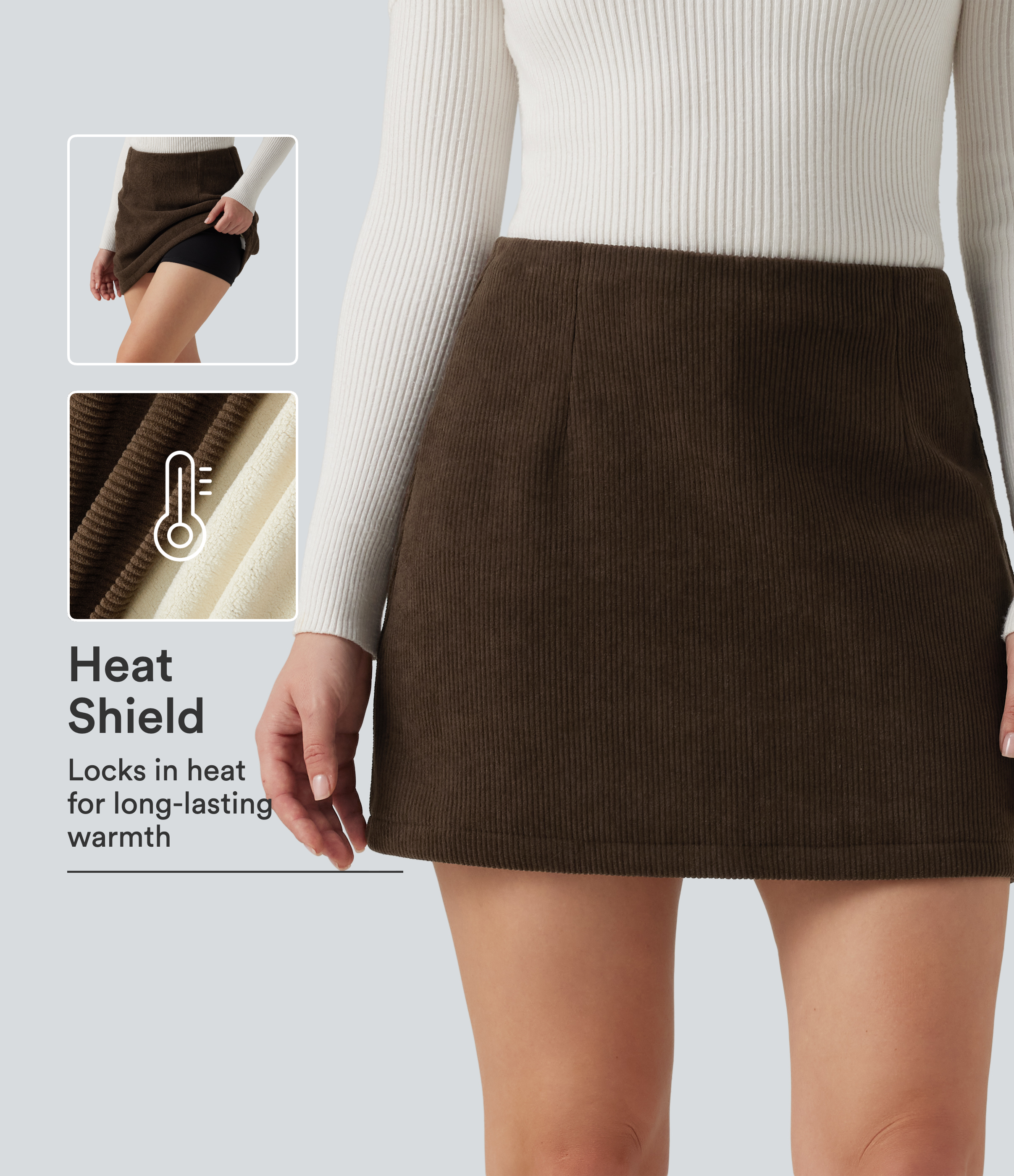 High Waisted A-Line Corduroy Fleece Casual Mini Skirt with Built-in Shorts