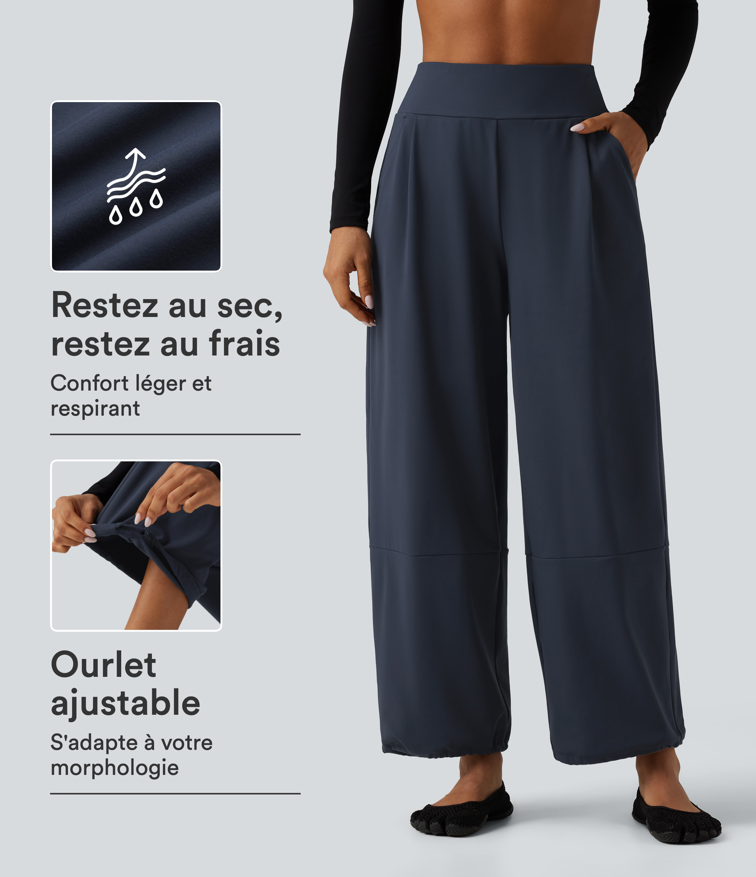 Hoch taillierte Yogahose mit verstellbarem Kordelzug, weitem Bein und Taschen.