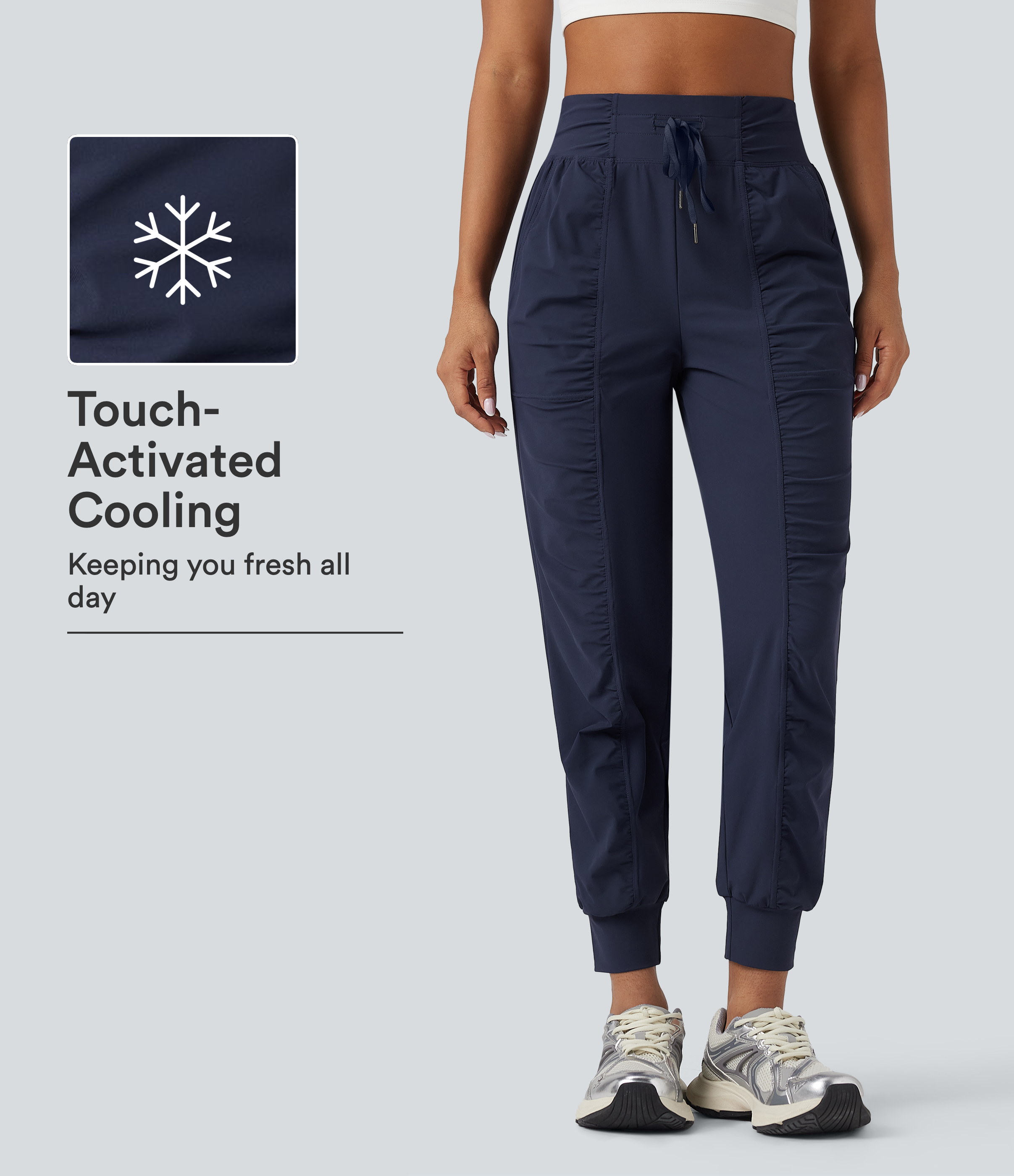 High Waisted Drawstring Ruched Tapered Quick Dry Cool Touch Dance Joggers with Pockets-UPF40+