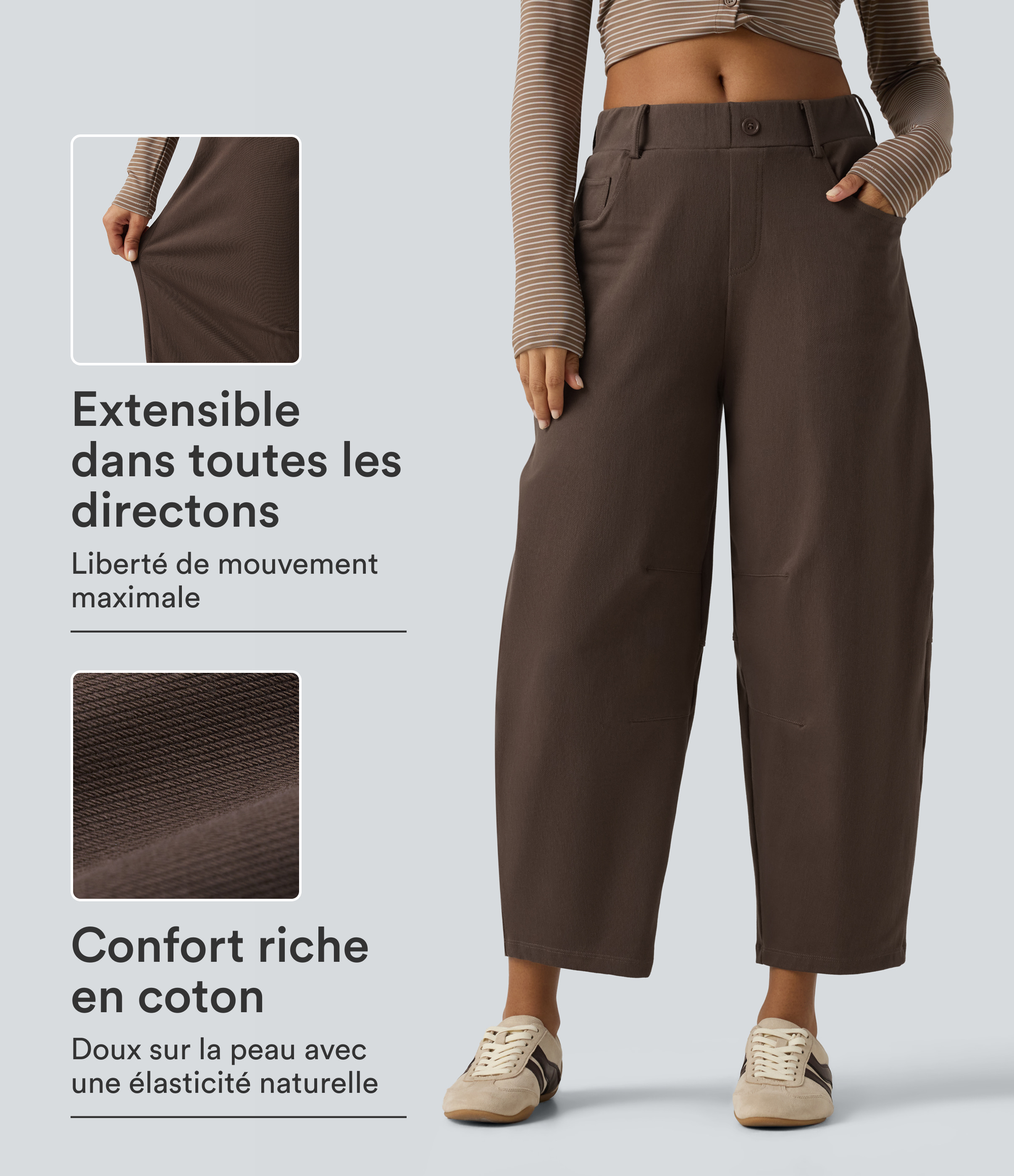 Pantalon en coton coupe barrel à taille mi-haute avec poches