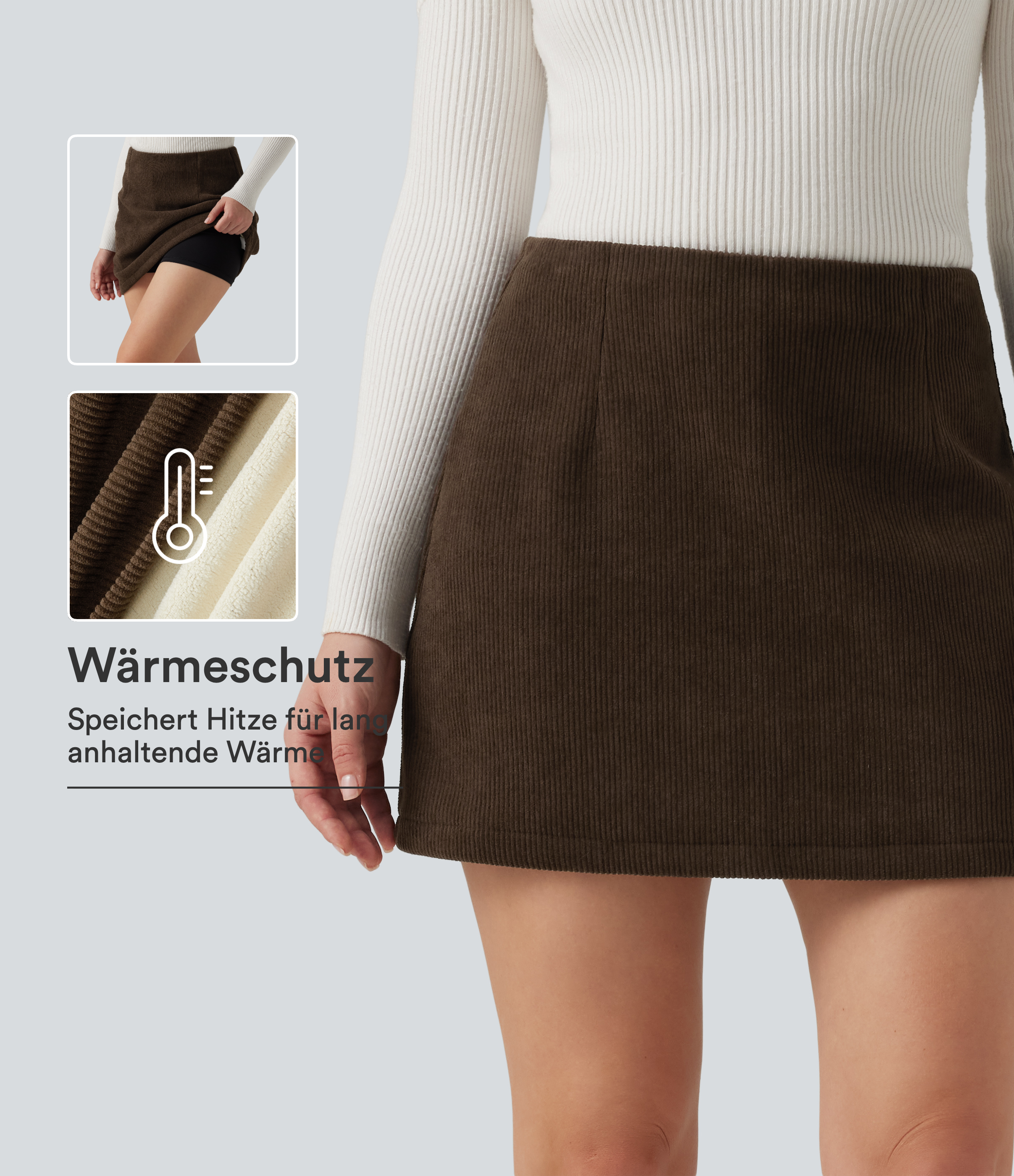 Lässiger 2-in-1 Minirock in A-Linie aus Cord mit hohem Bund und integrierten Shorts