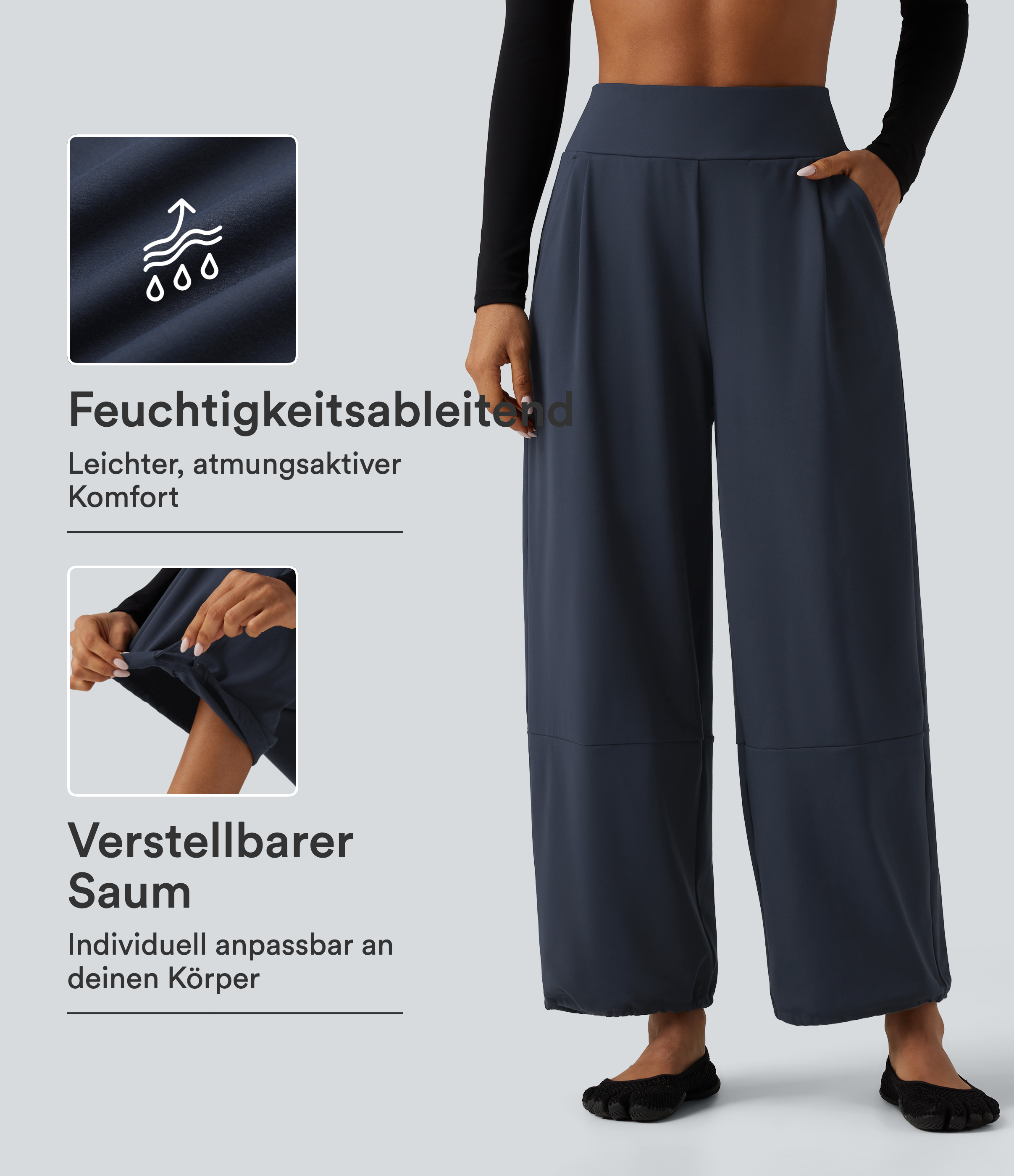 Yogahose mit hohem Bund, Seitentaschen, Kordelzug und weitem Bein