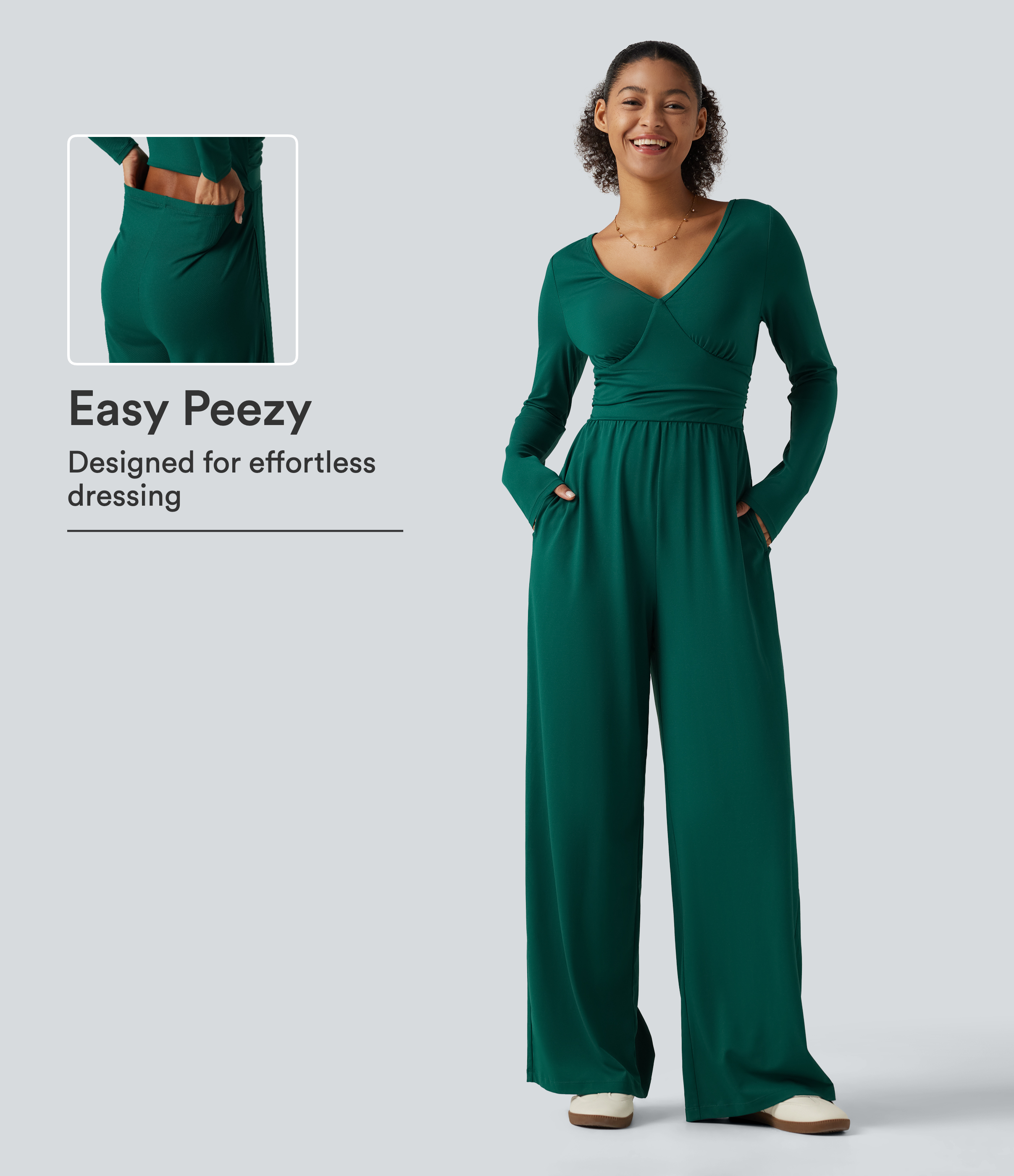 V Neck Long Sleeve Ruched Wide Leg Casual Jumpsuit with Pockets-Easy Peezy Edition