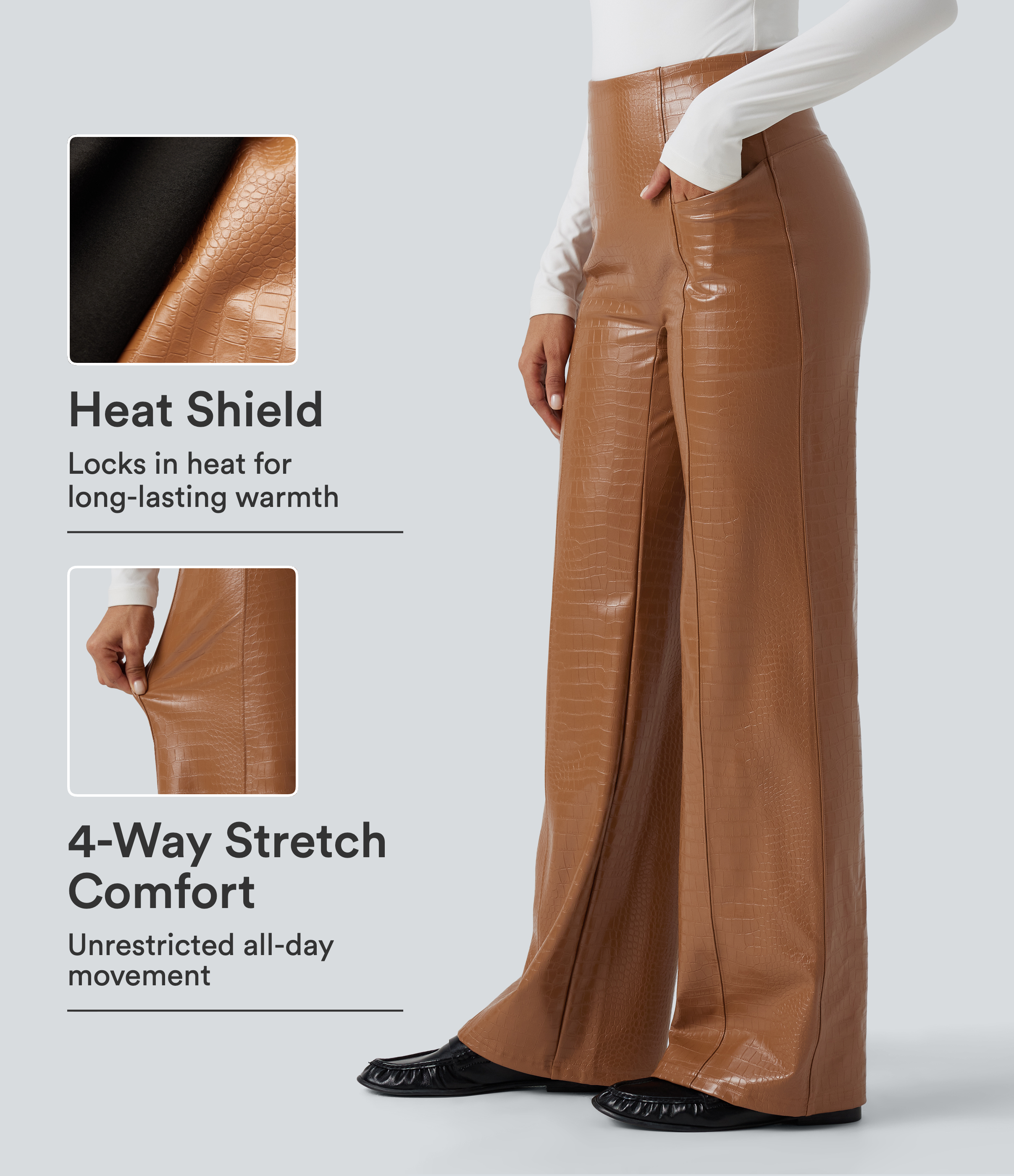 High Waisted Tummy Control Snakeskin Print Stretchy PU Fleece Flare Casual Pants with Pockets