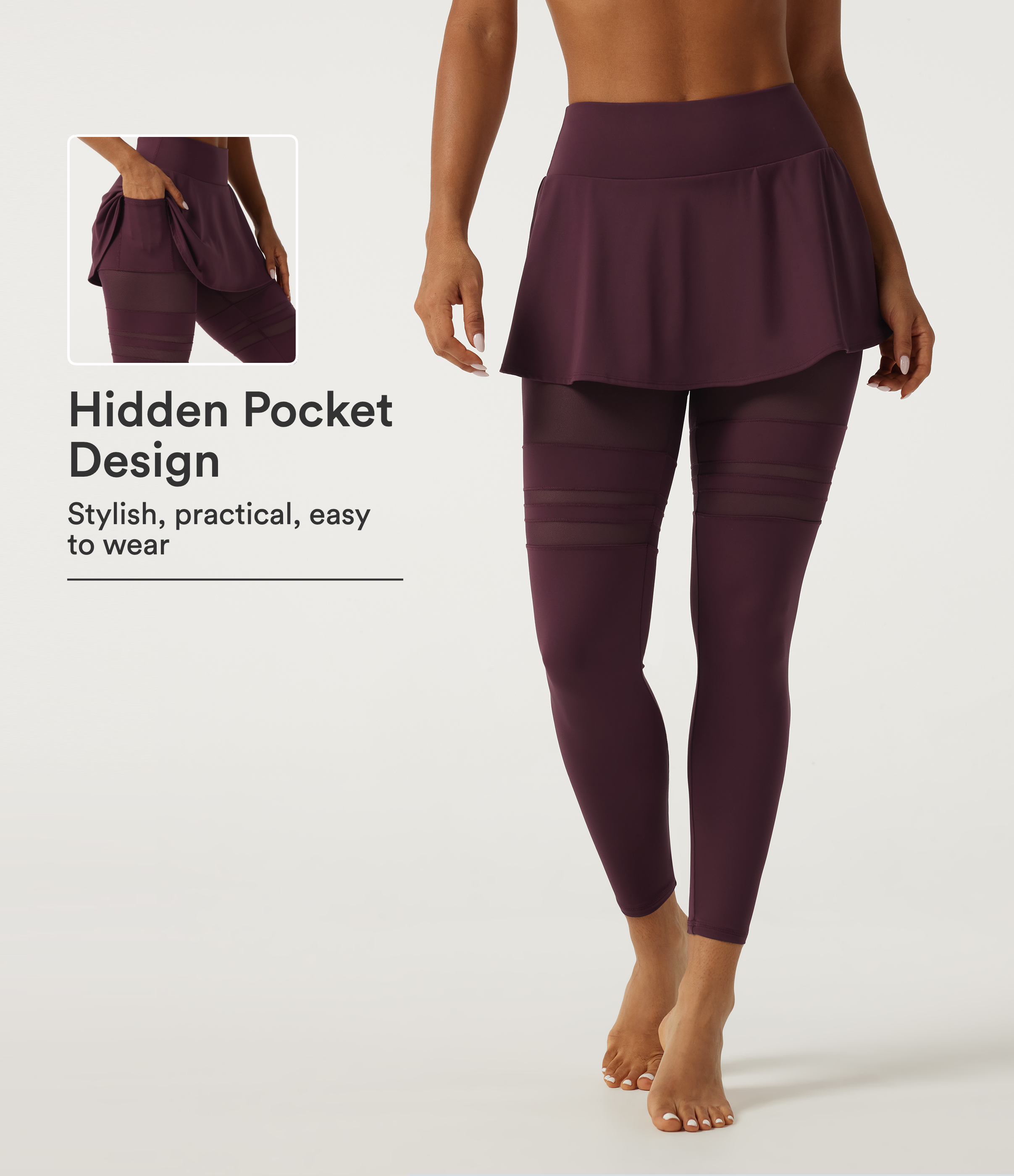 SoftlyZero™ Airy Mid Rise Pleated Contrast Mesh Dance Skirted Leggings with Pockets