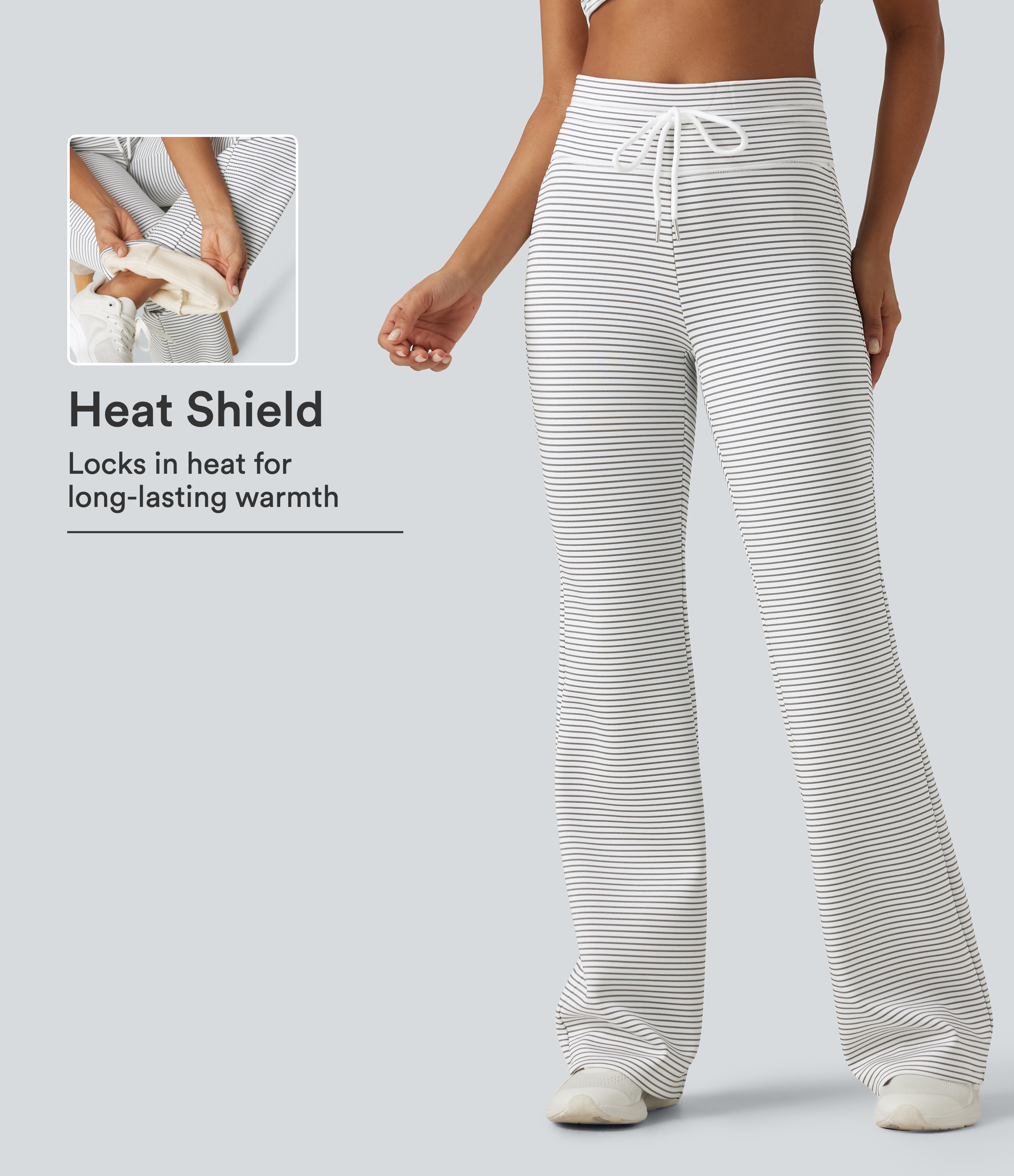 High Waisted Drawstring Flare Stripe Fleece Yoga Pants with Pockets