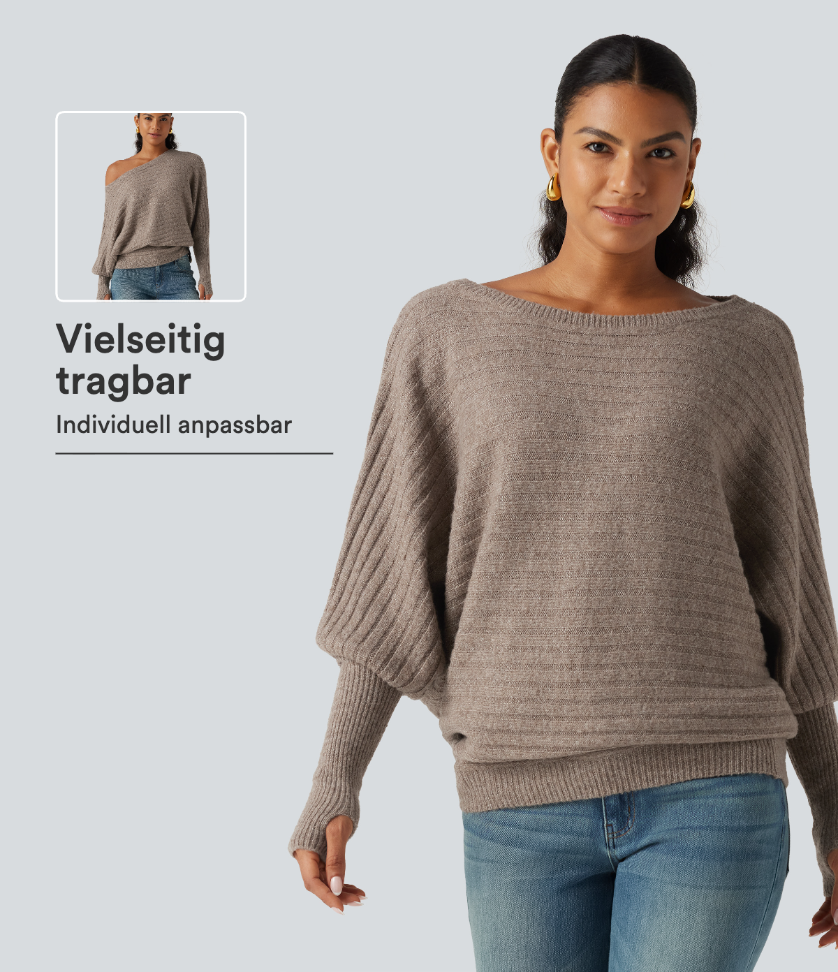 Lässiger Pullover aus Wollmischung mit U-Boot-Ausschnitt, langen Fledermausärmeln und Daumenlöchern