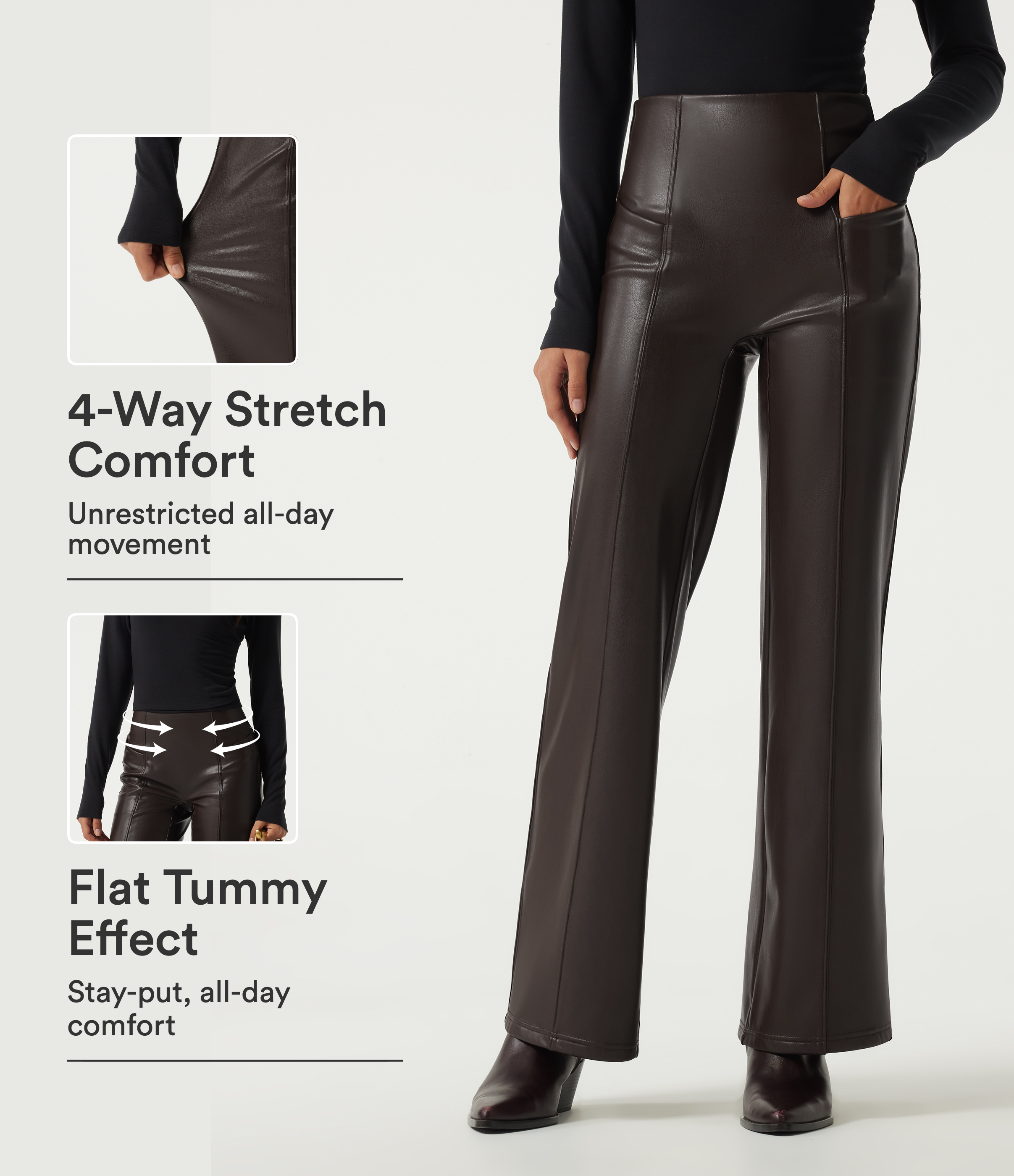 High Waisted Stretchy PU Fleece Tummy Control Casual Flare Pants with Pockets