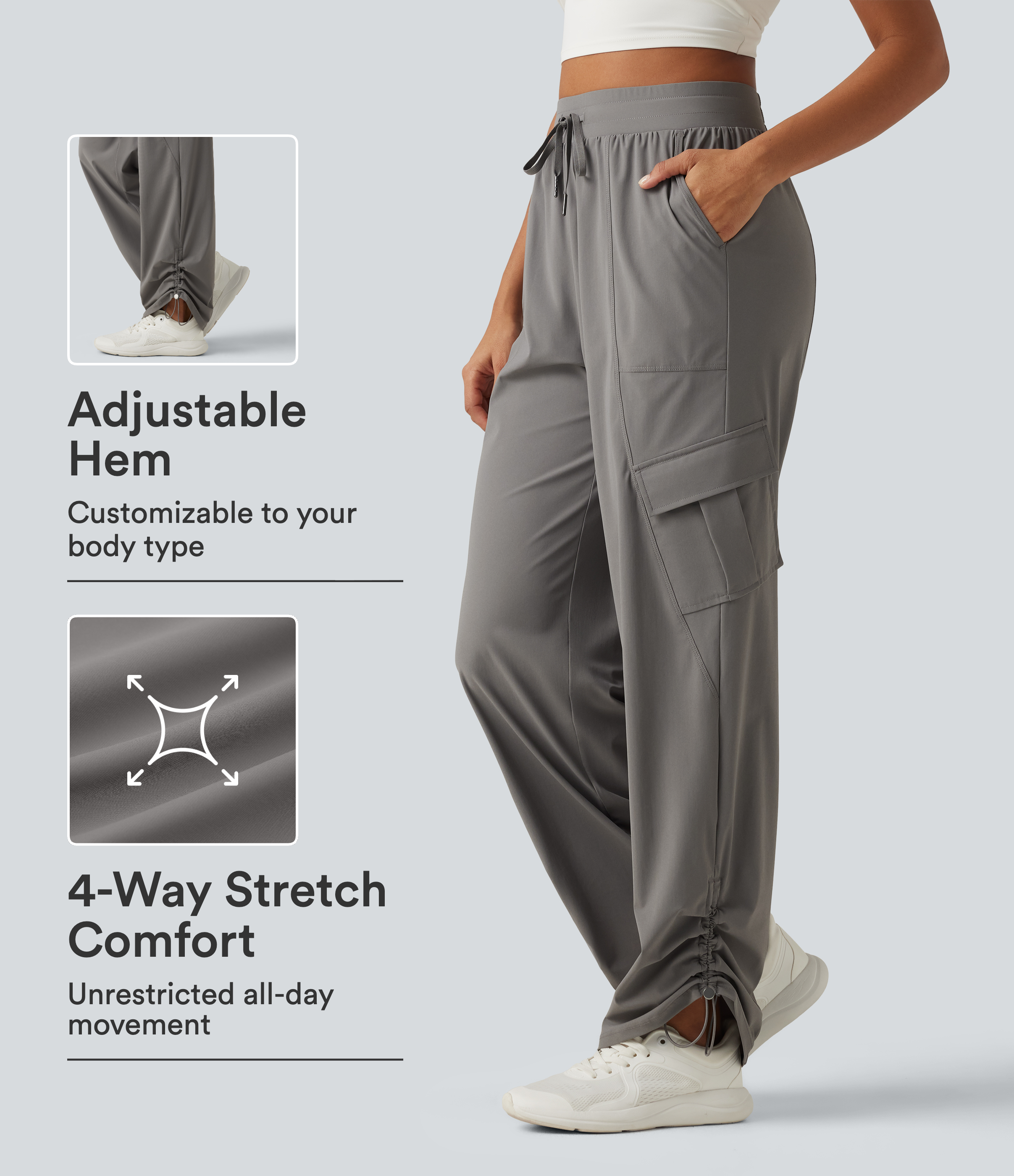 High Waisted Drawstring Ruched Straight Leg Quick Dry InstantCool Running Pants with Pockets-UPF40+