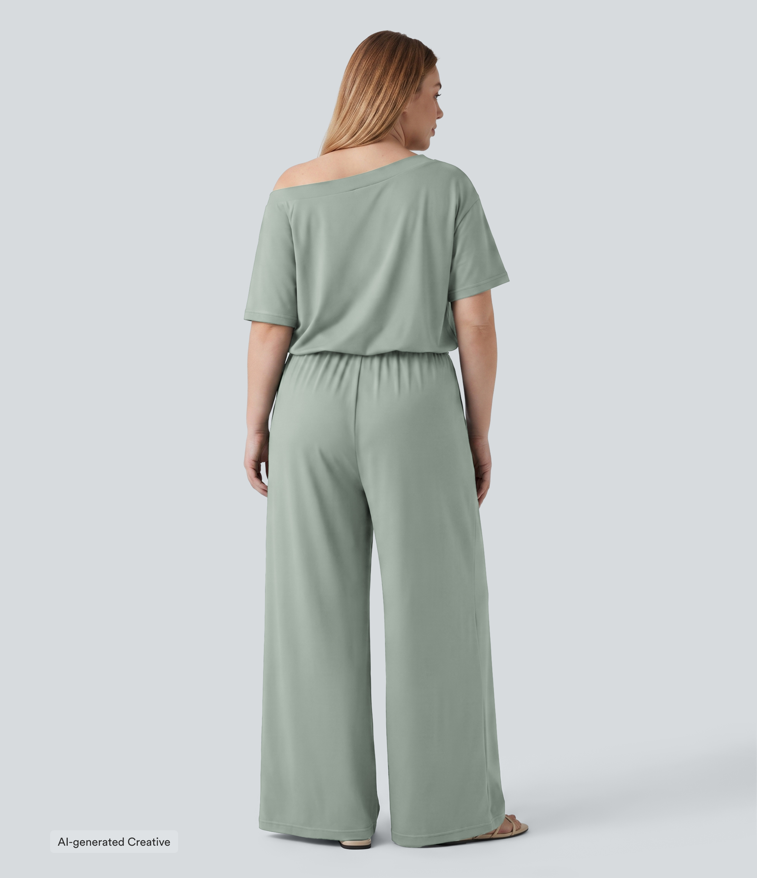 Aqua Gray Plus Size Boat Neck Short Sleeve Drawstring Baggy Casual Jumpsuit with Pockets-Easy Peezy Edition / 2