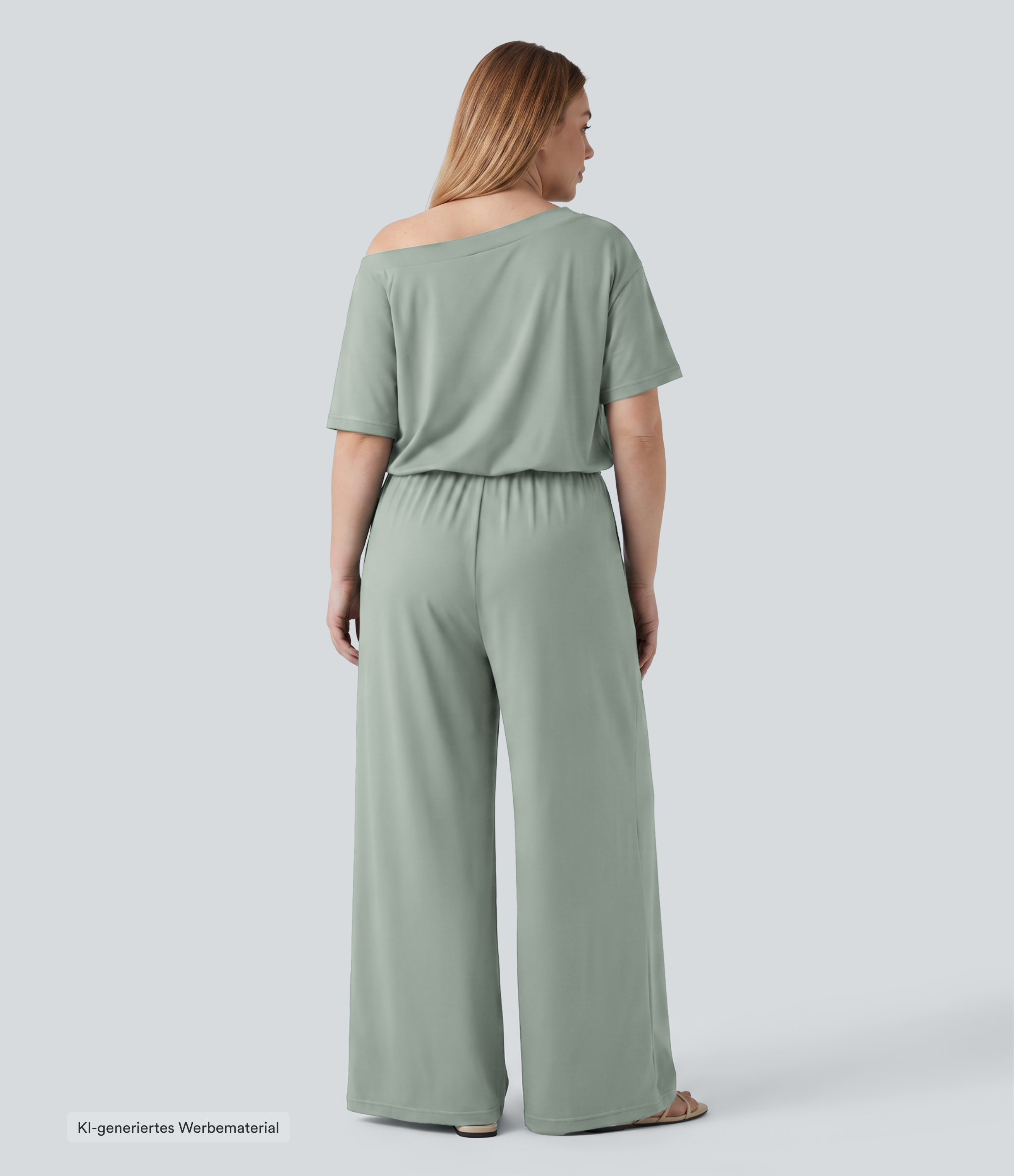 Aqua Gray Lässiger Baggy-Jumpsuit mit U-Boot-Ausschnitt, Seitentaschen, kurzen Ärmeln und Kordelzug - Plus Size, Easy Peezy Edition / 2