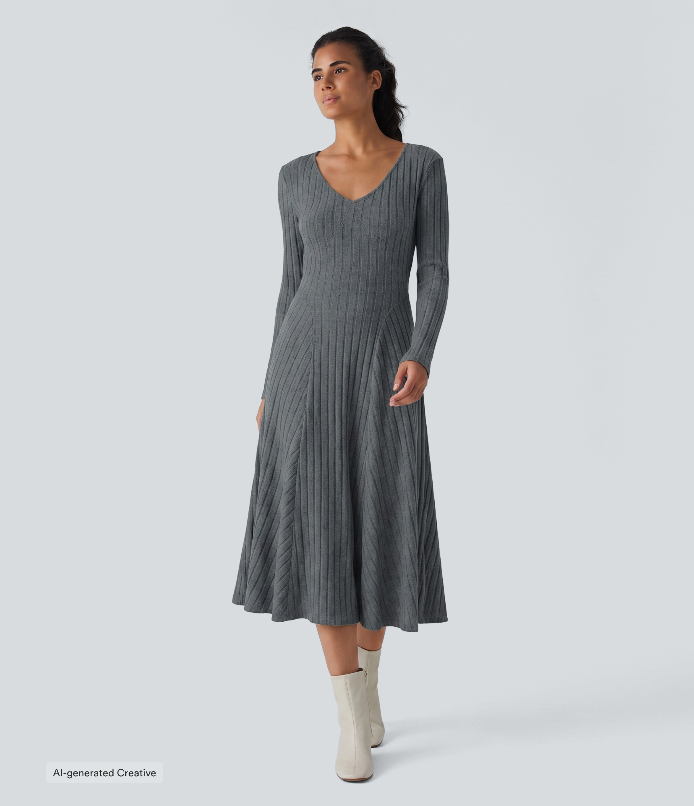 Ribbed Knit V Neck Long Sleeve Flare Midi Casual Dress with Pockets