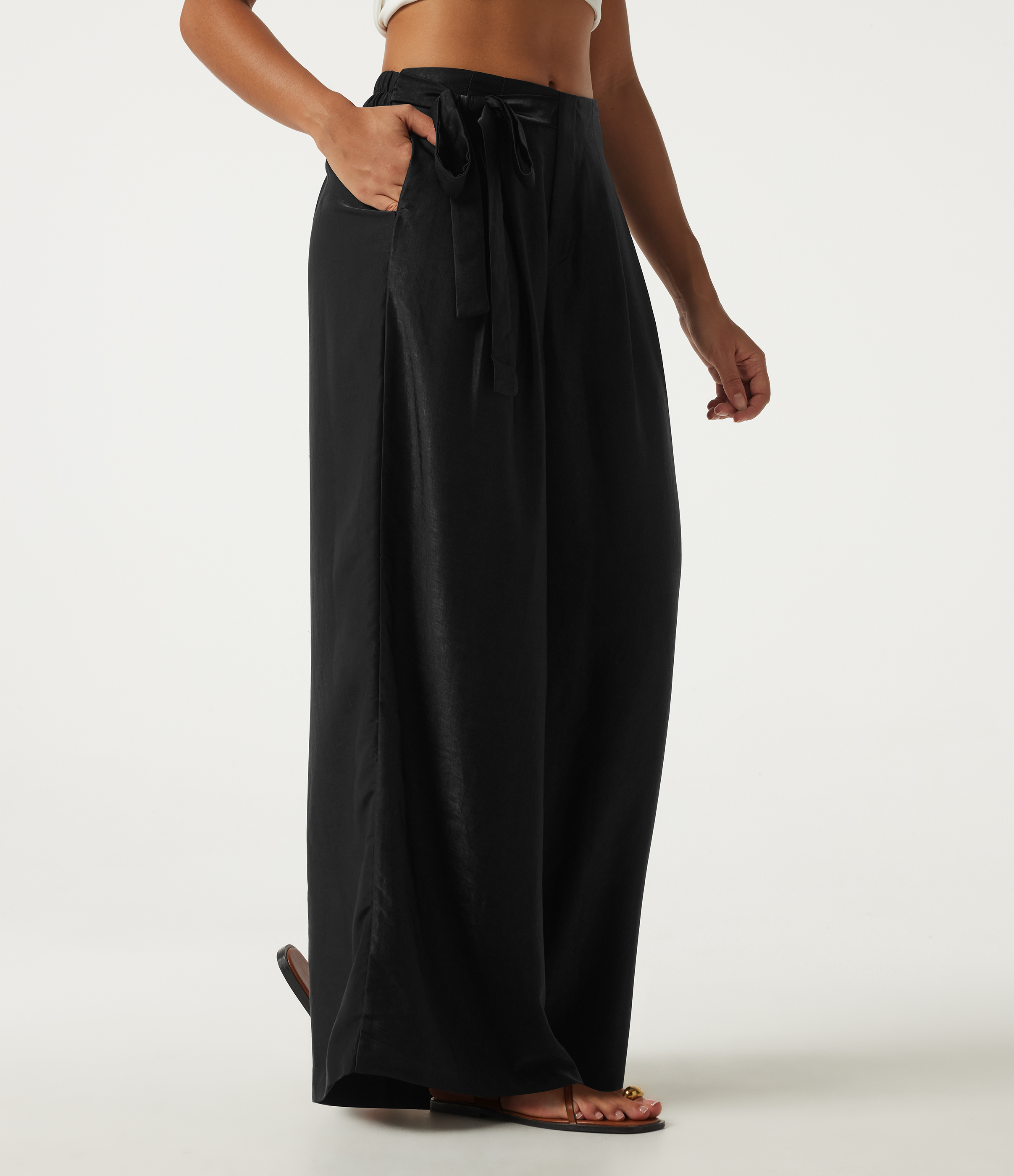 High Waisted Tie Side Baggy Linen-Blend Pants with Pockets